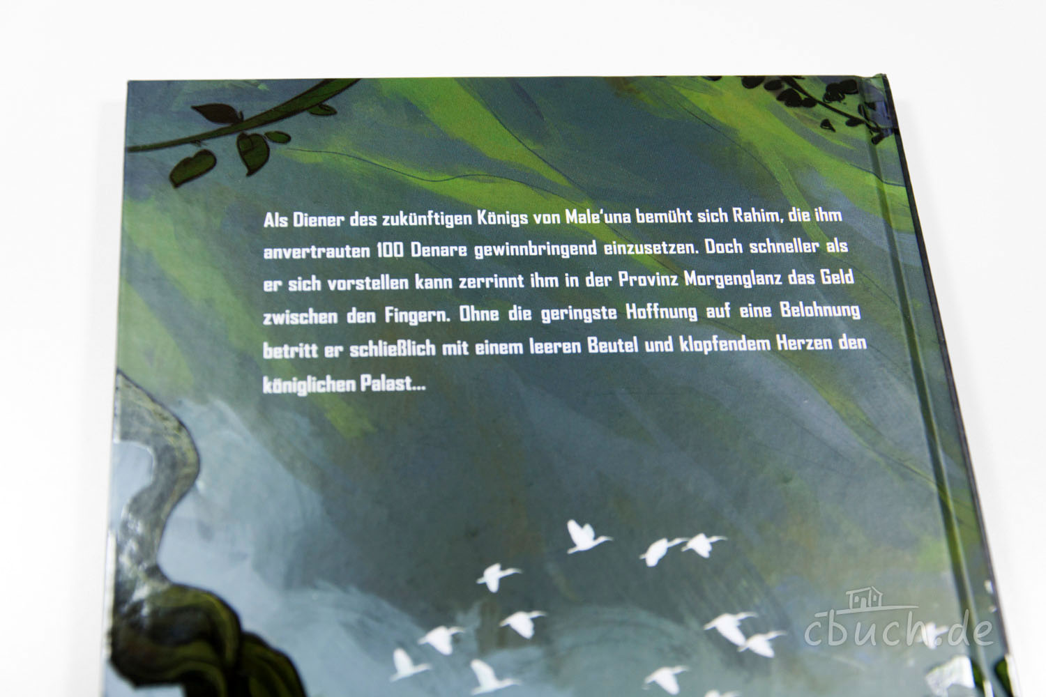 Rückseite eines Kinderbuchs mit weißem Text und fliegenden w