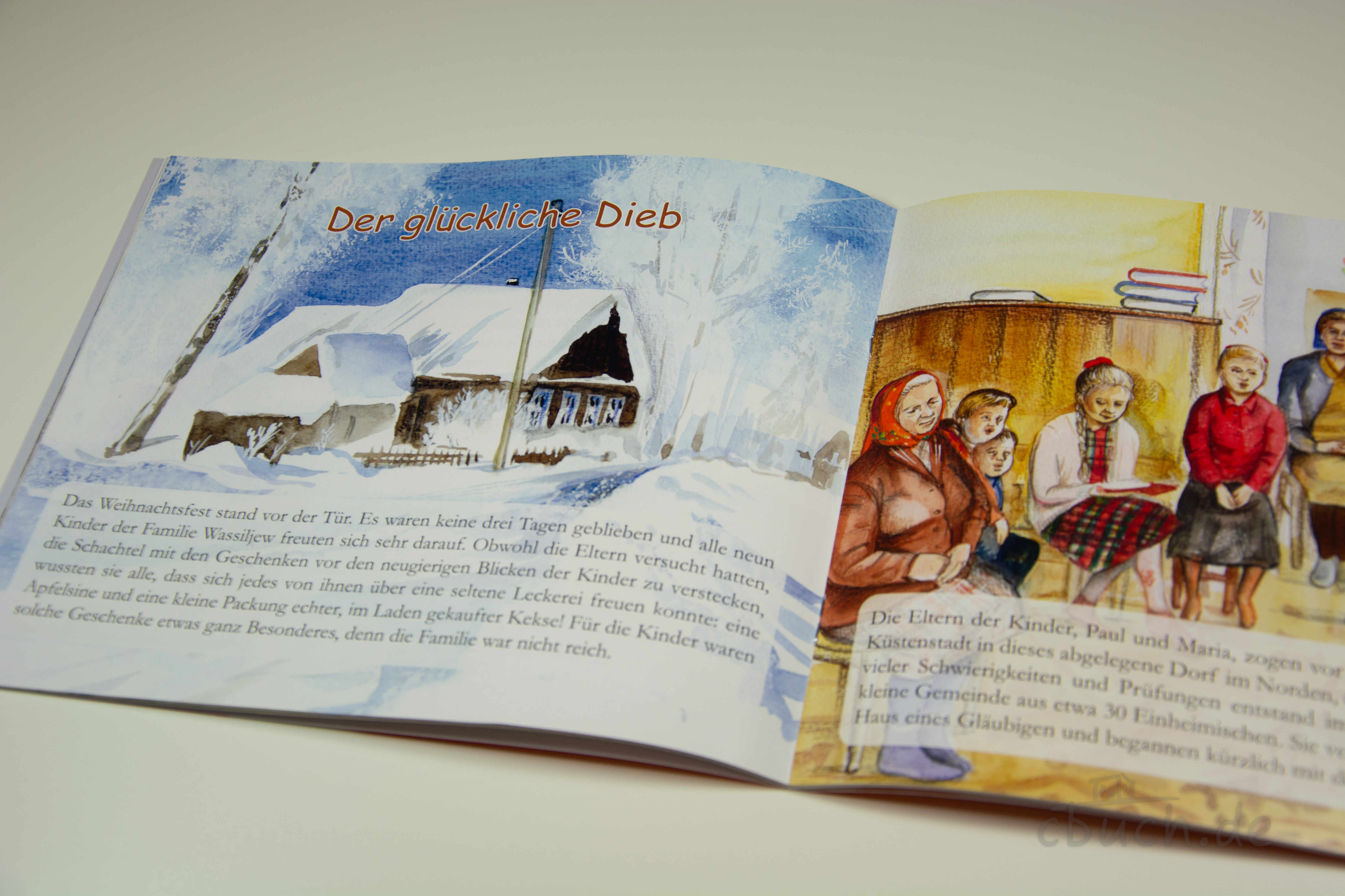 Aufgeschlagenes Kinderheft Der glückliche Dieb - Kinder in Sibirien (Heft 9) von Samenkorn mit farbigen Illustrationen einer Missionsgeschichte über Weihnachten, Apfelsinen, Kekse und Gottes Liebe für Kinder.
