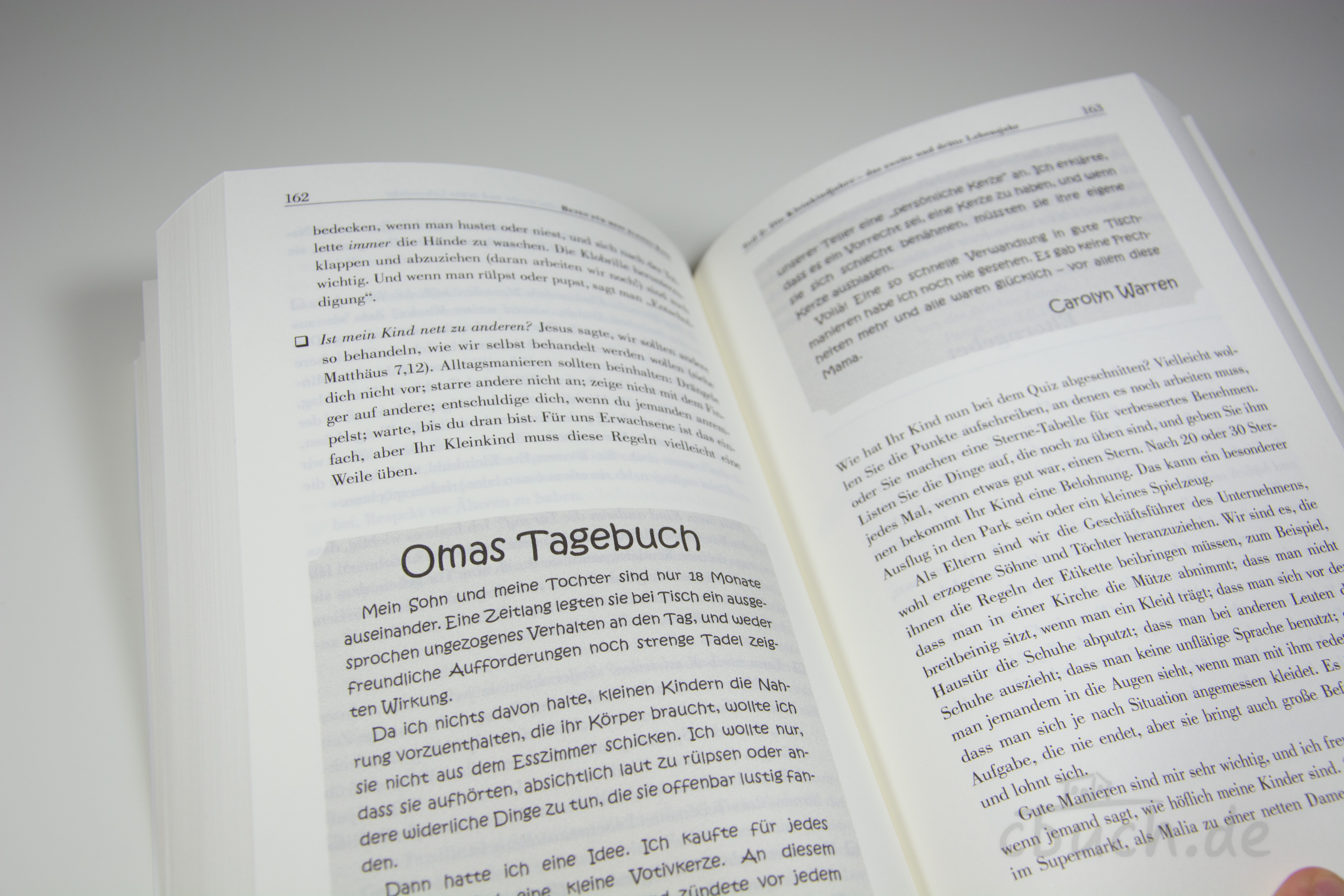 Aufgeschlagenes Buch mit Texten zu Kindererziehung und Erzie
