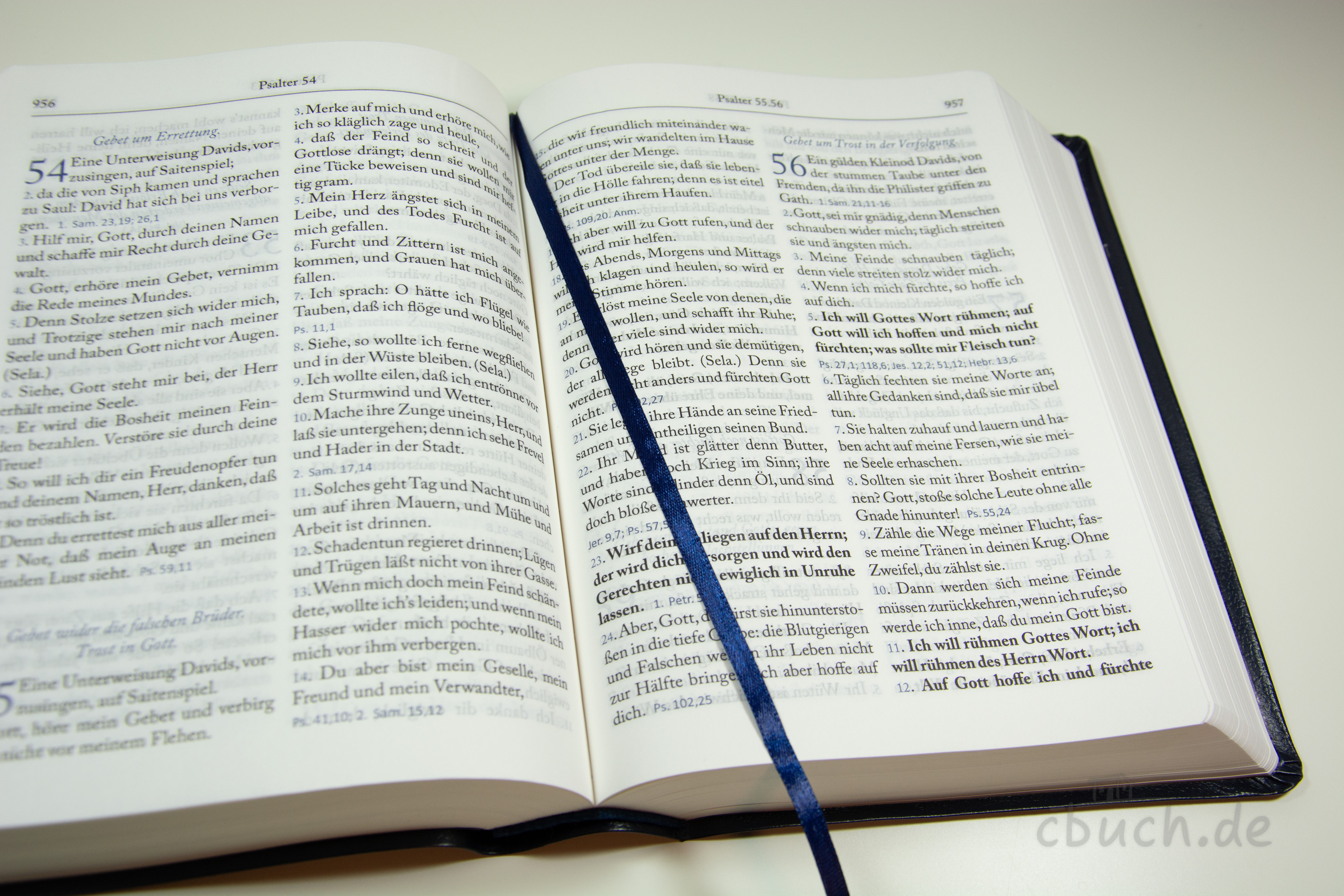 Geöffnete Lutherbibel 1912 im Großdruck mit Lederfaserstoff-Einband von Lichtzeichen Verlag, gut lesbare große Schrift für Senioren und Sehbehinderte.