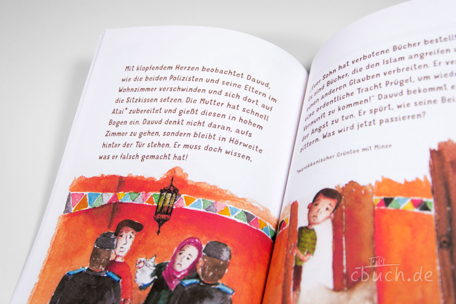 Aufgeschlagenes Bilderbuch mit Text und Illustrationen Doppelseite eines Bilderbuchs mit Text und farbigen Figurenz