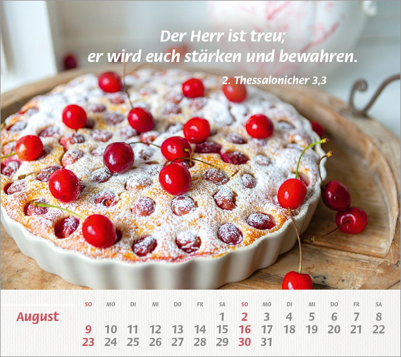 Frischer Kirschkuchen mit Puderzucker in der Backform auf Ho