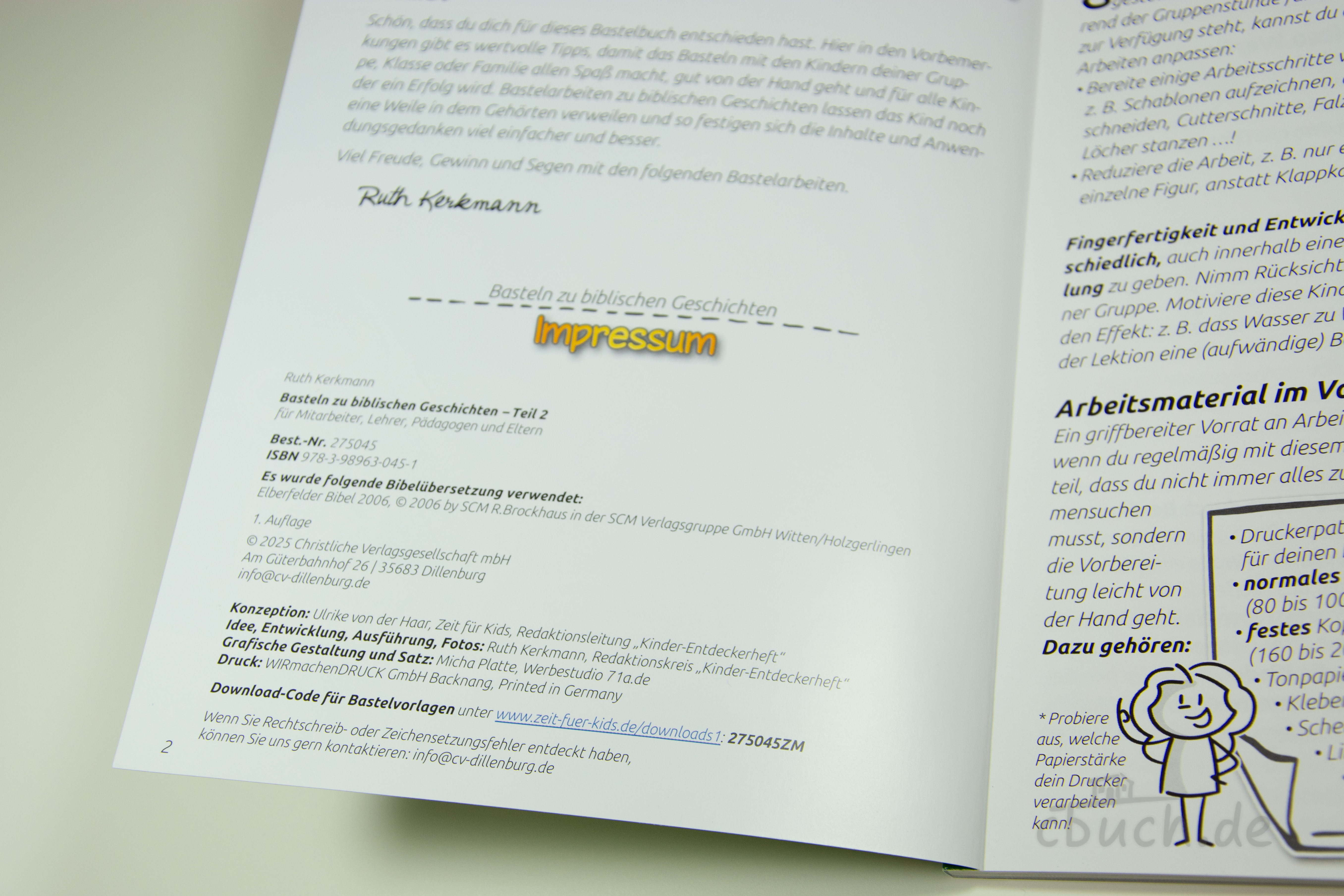 Innenansicht des Bastelhefts „Basteln zu biblischen Geschichten - Teil 2“ von CV mit Impressum und Infoseiten zu 43 Bastelarbeiten für biblische Geschichten aus Altem und Neuem Testament.