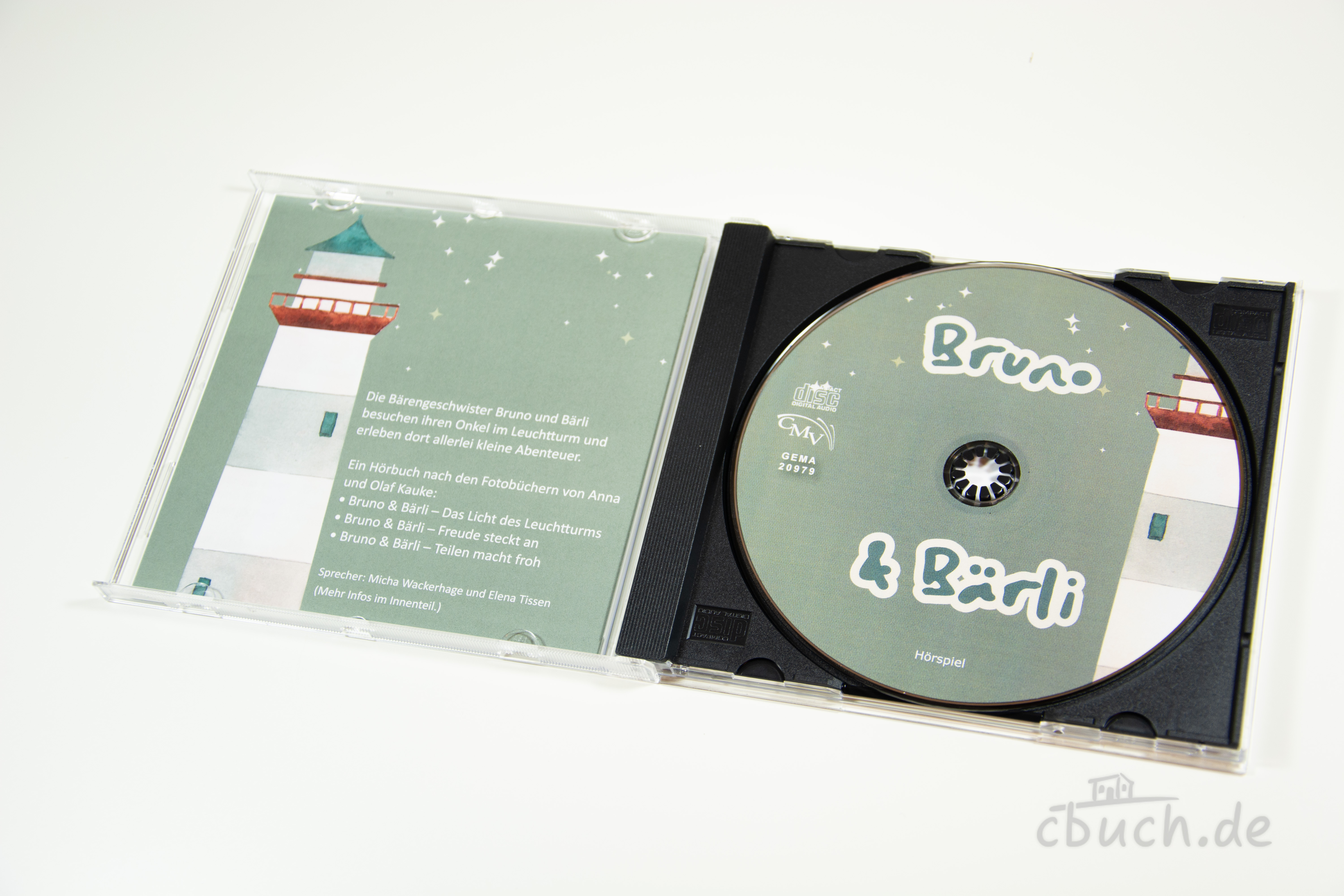 Bruno und Bärli Hörbuch-Audio-CD mit Liedern von CMV Geöffnete Bruno und Bärli Hörbuch-Audio-CD mit Liedern von CMV, mit Leuchtturm-Motiv und Geschichten nach den Fotobüchern von Anna und Olaf Kauke.