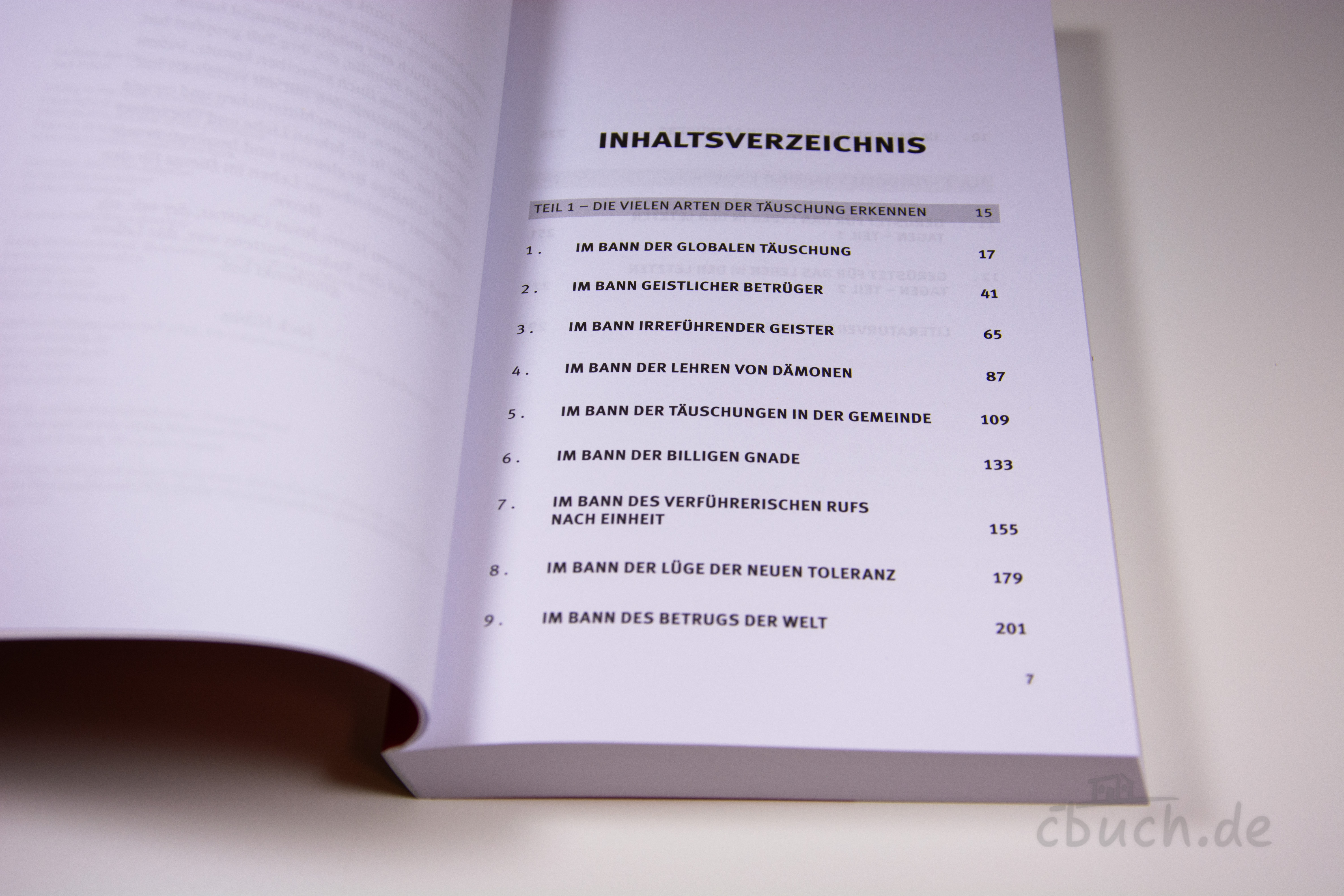 Inhaltsverzeichnis aus Jack Hibbs: Im Bann der Täuschung, Buch über geistliches Unterscheidungsvermögen, Wahrheit und Täuschung, Verlag CV