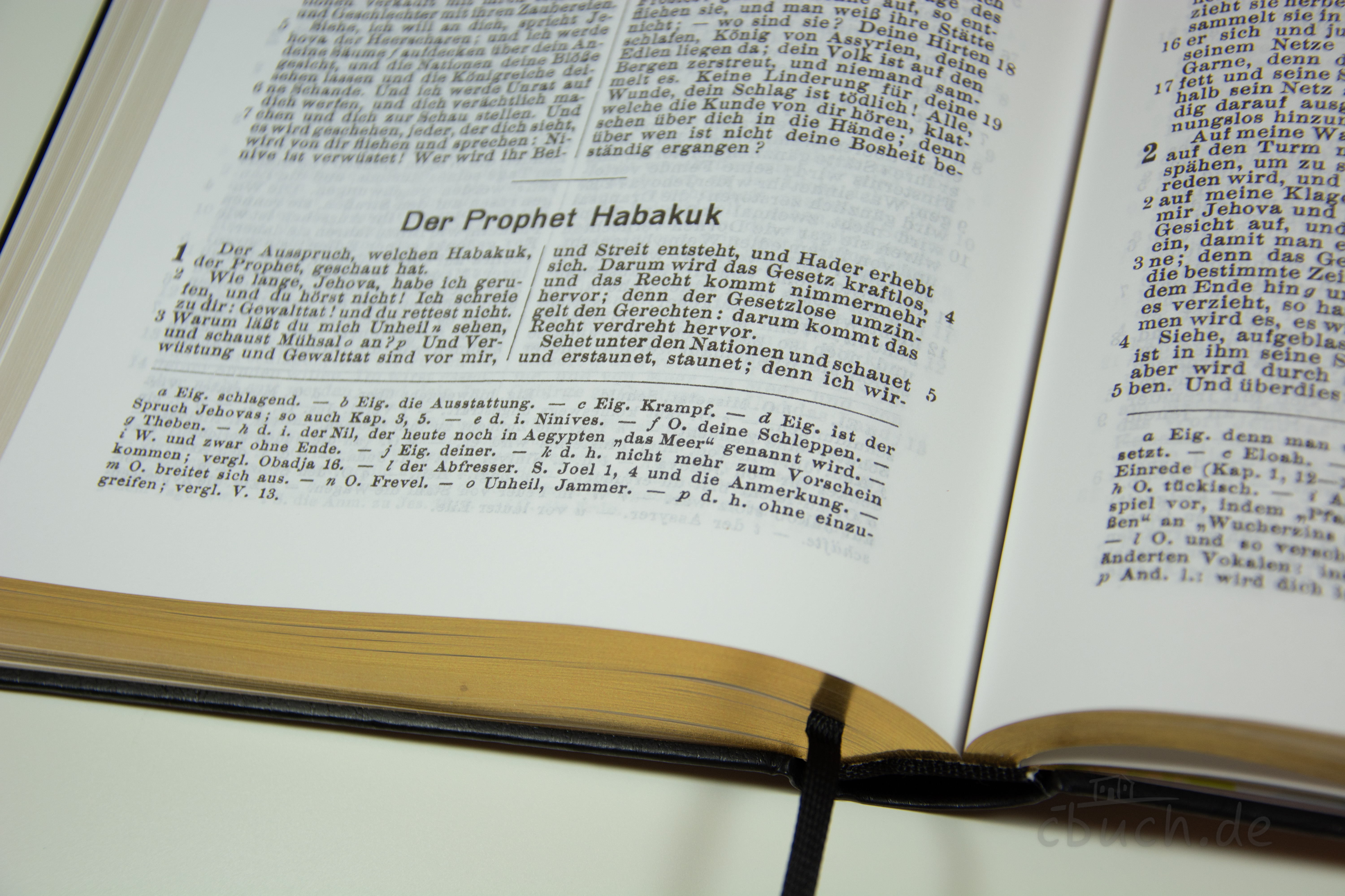 Elberfelder Bibel Edition CSV 1927 Hausbibel mit Goldschnitt, geöffnete Innenseiten Geöffnete Elberfelder Bibel Edition CSV als Hausbibel mit Goldschnitt, alte Elberfelder Übersetzung von 1927, Nahaufnahme der Innenseiten mit dem Propheten Habakuk.