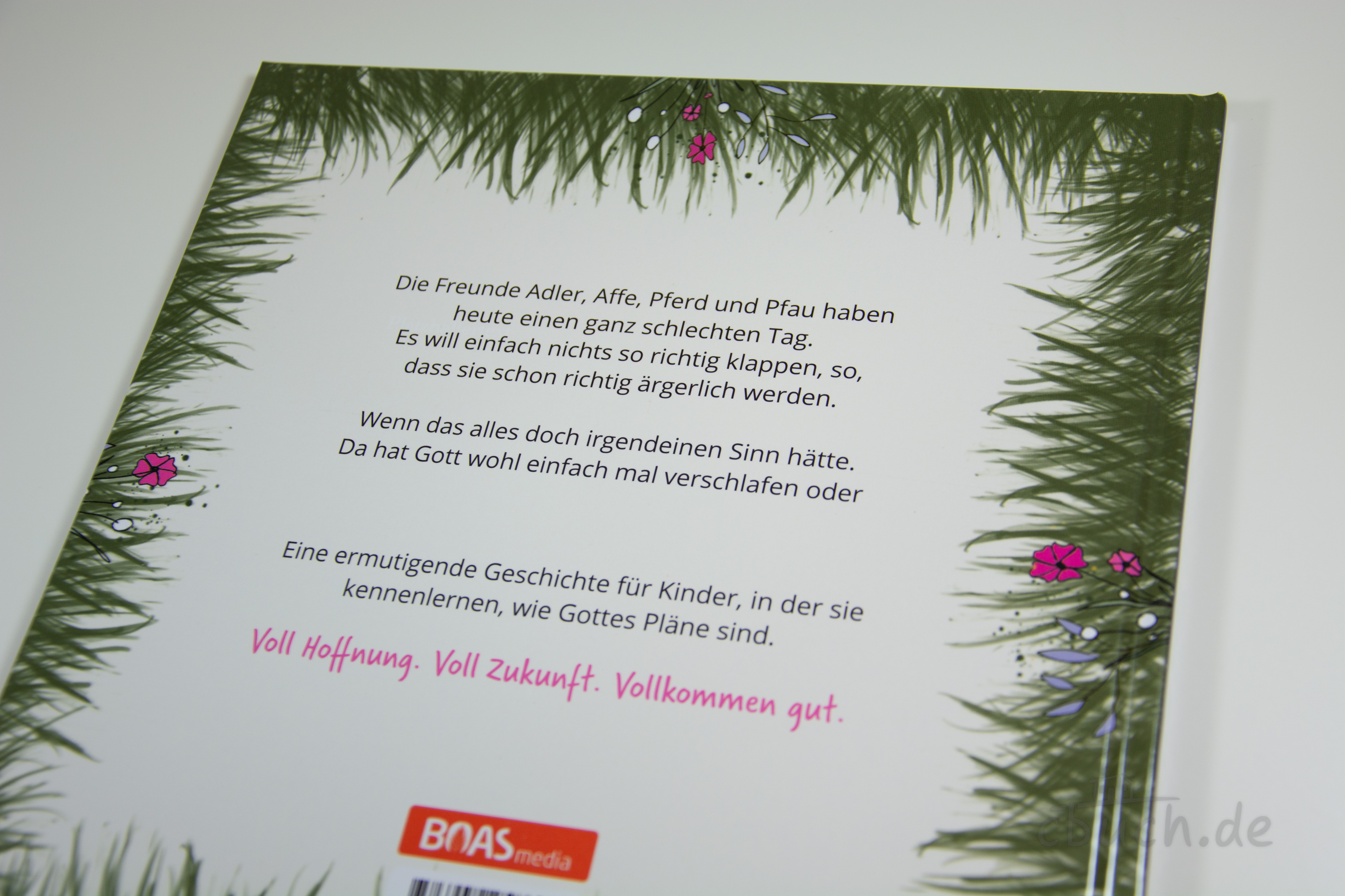 Rückseite des Kinderbuchs „Zirwig: Stolperausrutschpurzeltage“ von BOAS Media mit Klappentext über Adler, Affe, Pferd und Pfau sowie Gottes gute Pläne.