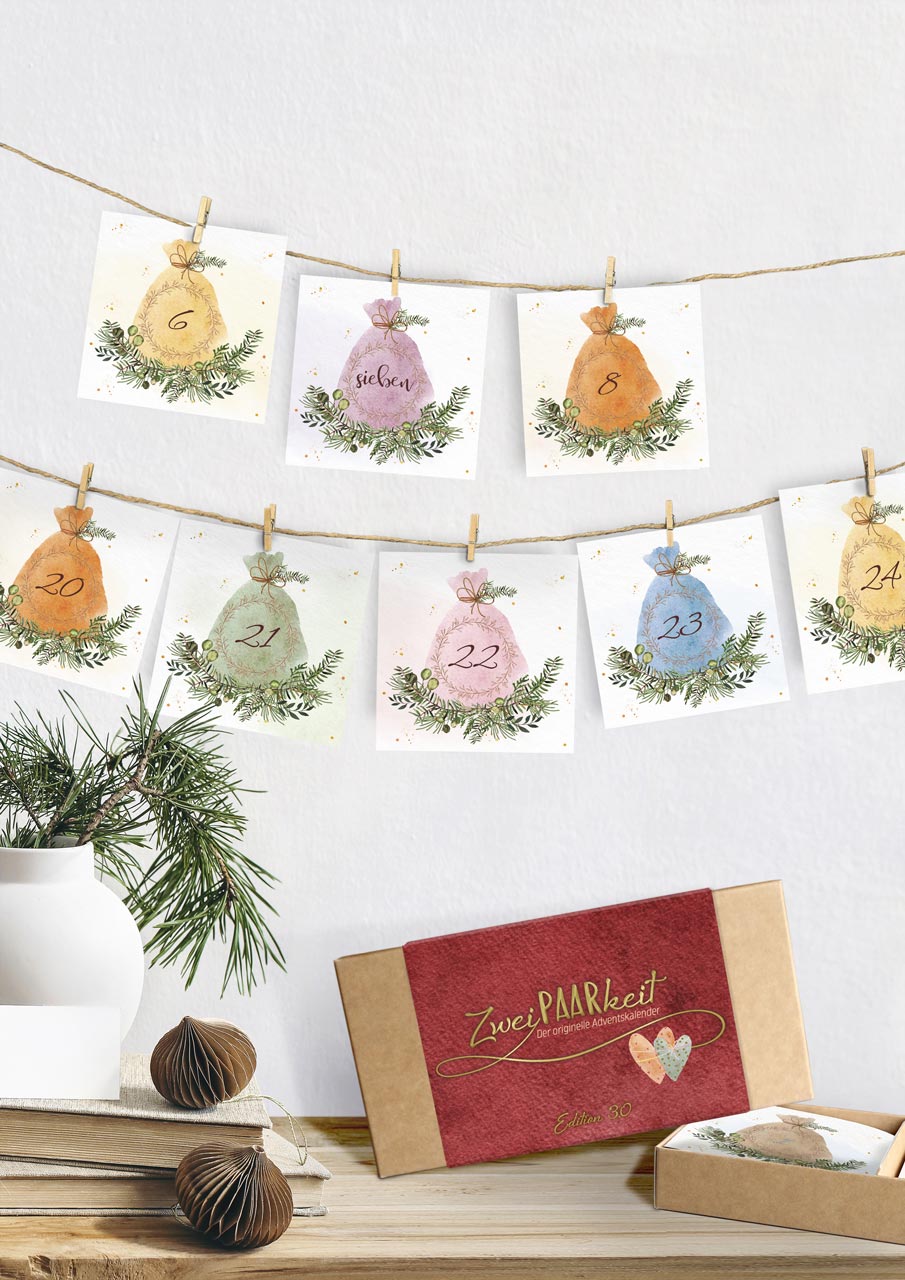 Adventskalender-Set Zweipaarkeit mit Karten und Box Adventskalender Zweipaarkeit mit nummerierten Karten an Schn
