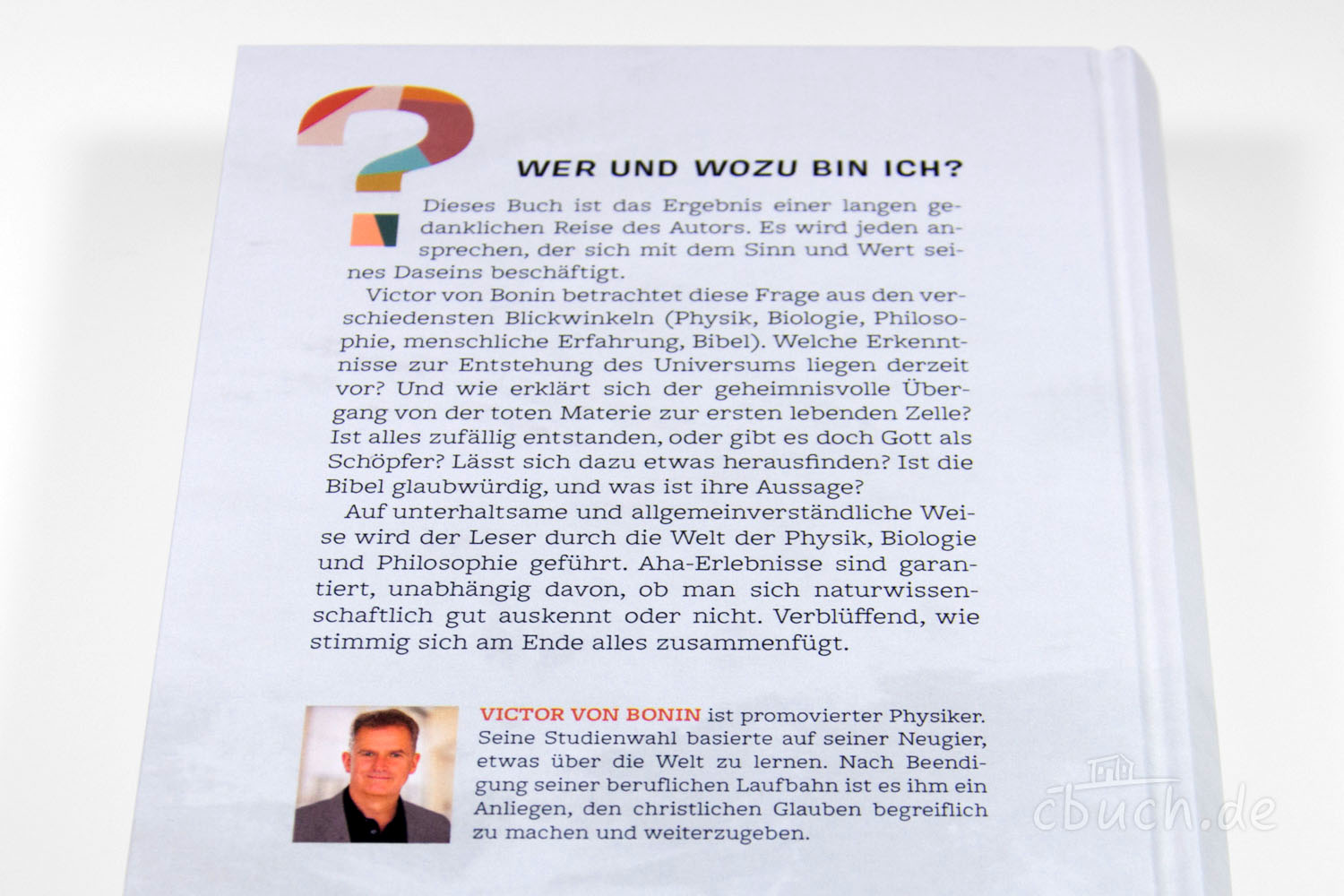 Buchrückseite mit Text und Autorenfoto Victor von Bonin Wer