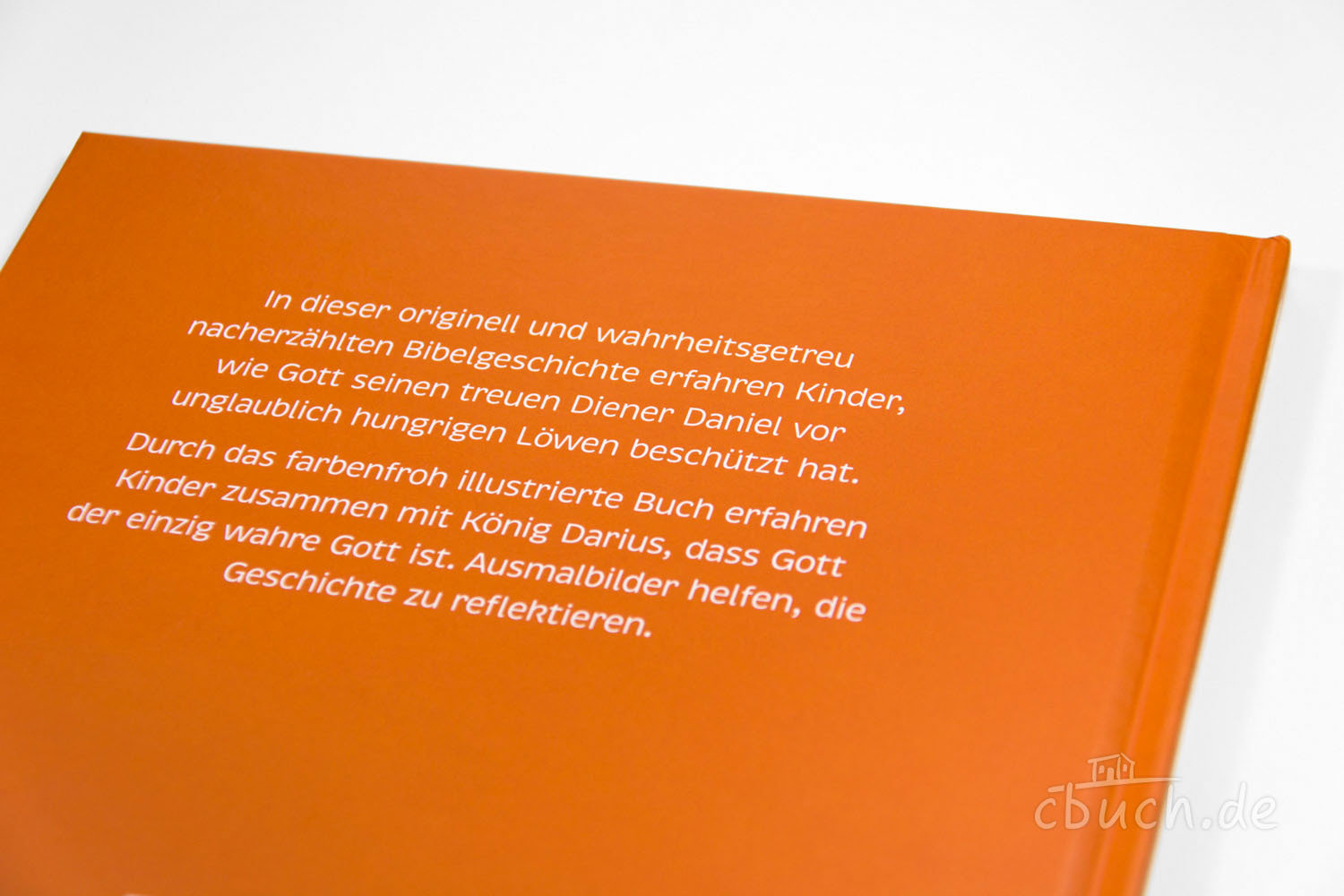Rückseite eines orangefarbenen Kinderbuchs mit Text zur bibl