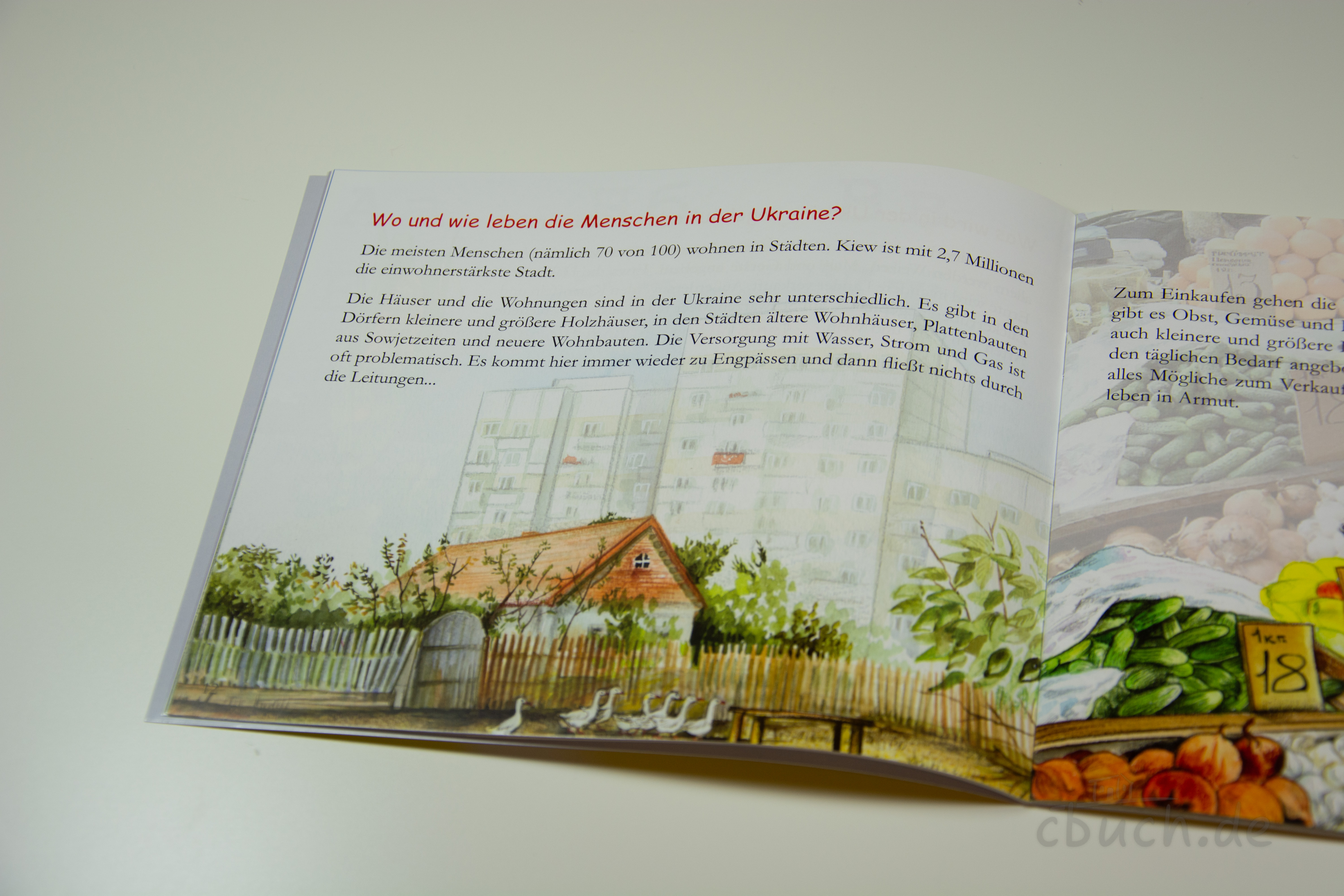 Die Nacht im Wald - Kinder in der Ukraine (Heft 1) | Kinderheft mit farbigen Bildern Aufgeschlagenes Kinderheft „Die Nacht im Wald - Kinder in der Ukraine (Heft 1)“ von Samenkorn mit farbigen Illustrationen und Informationen über das Leben in der Ukraine.