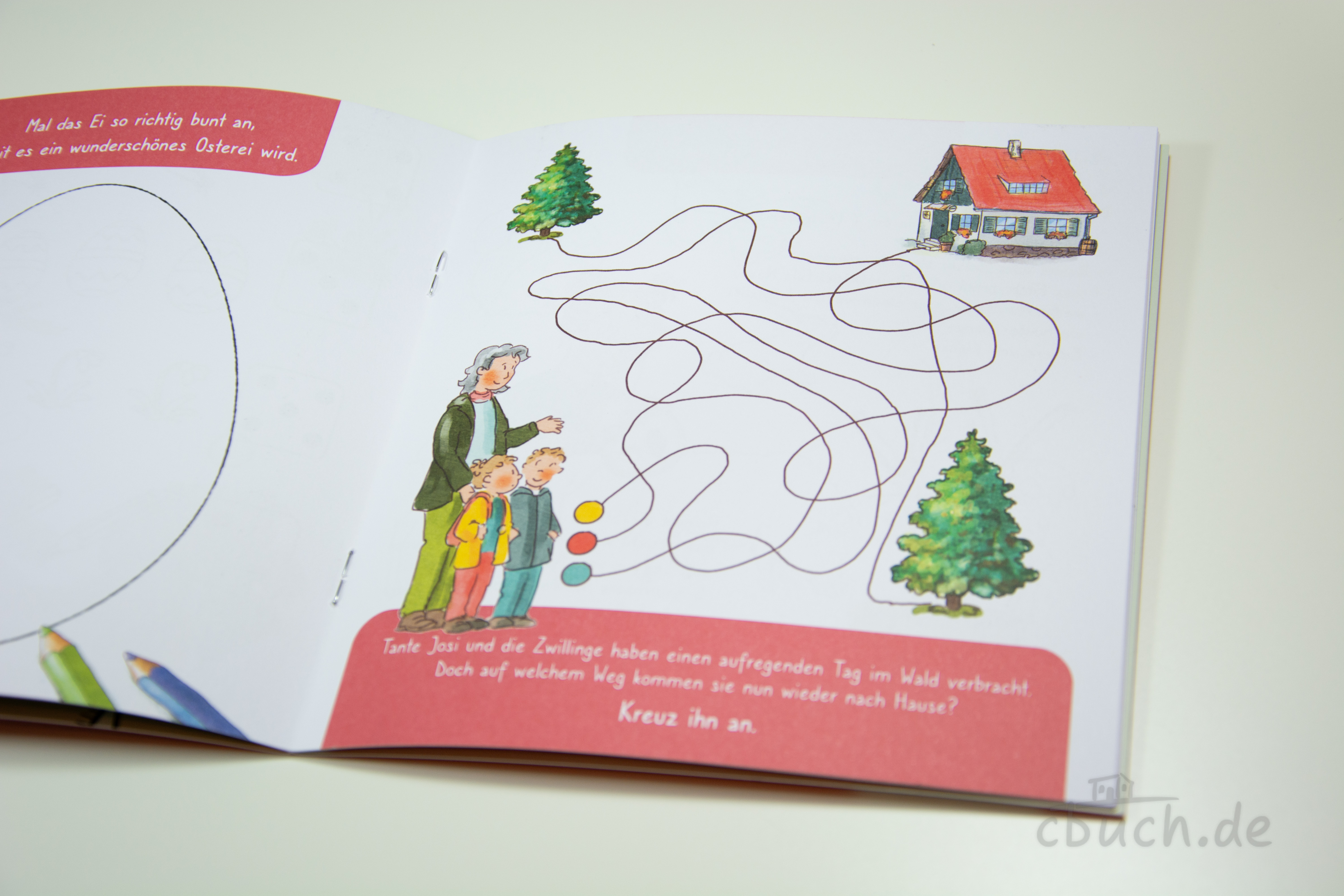 Innenseite aus „Koch: Lotta und Luis und das Osterwunder“ von Bibellesebund mit Rätselpfad: Tante Josi und die Zwillinge suchen den Weg durch den Wald nach Hause.