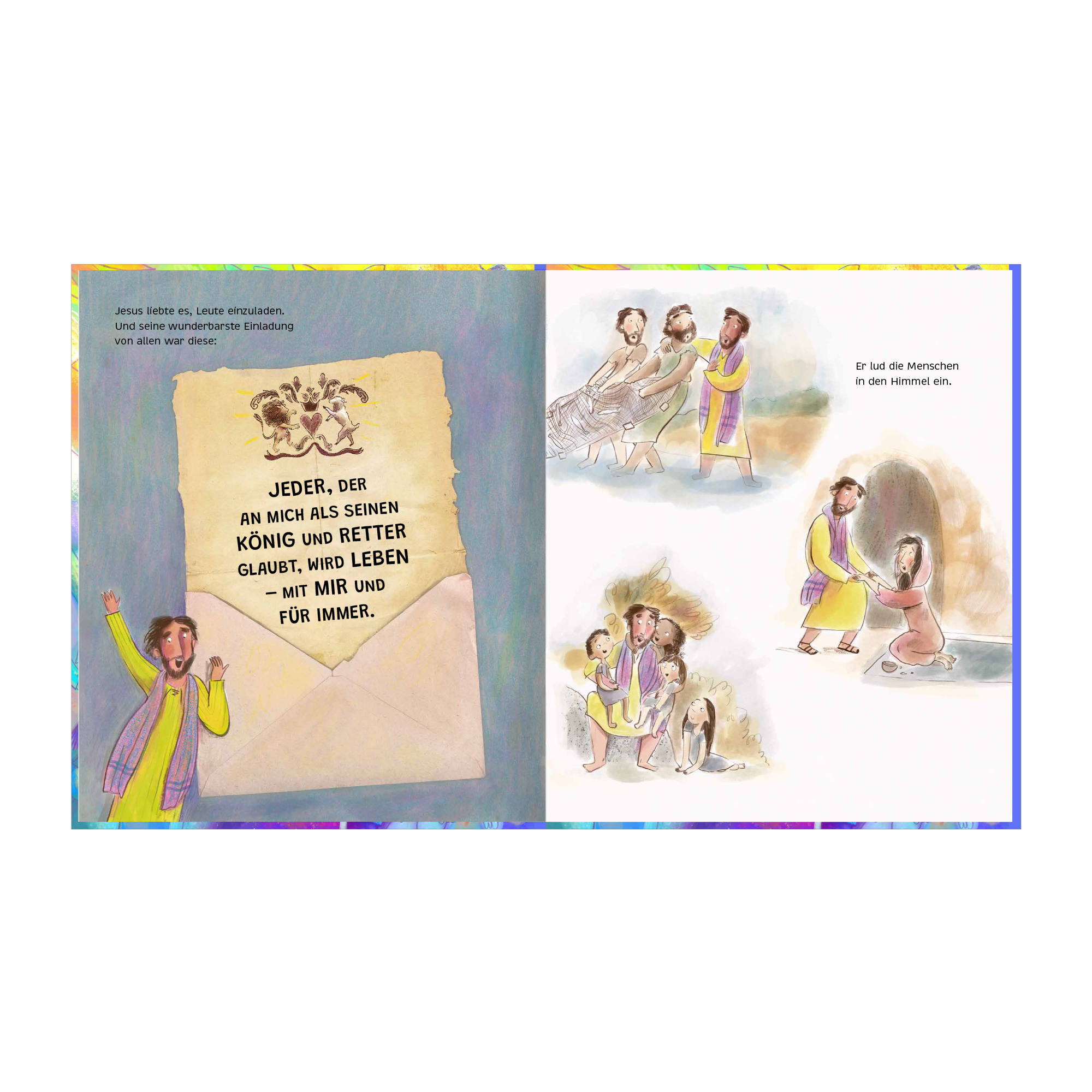 Biblische Einladung Jesu zum ewigen Leben mit Illustrationen Illustration von Jesus mit Brief und Menschen, die er einläd