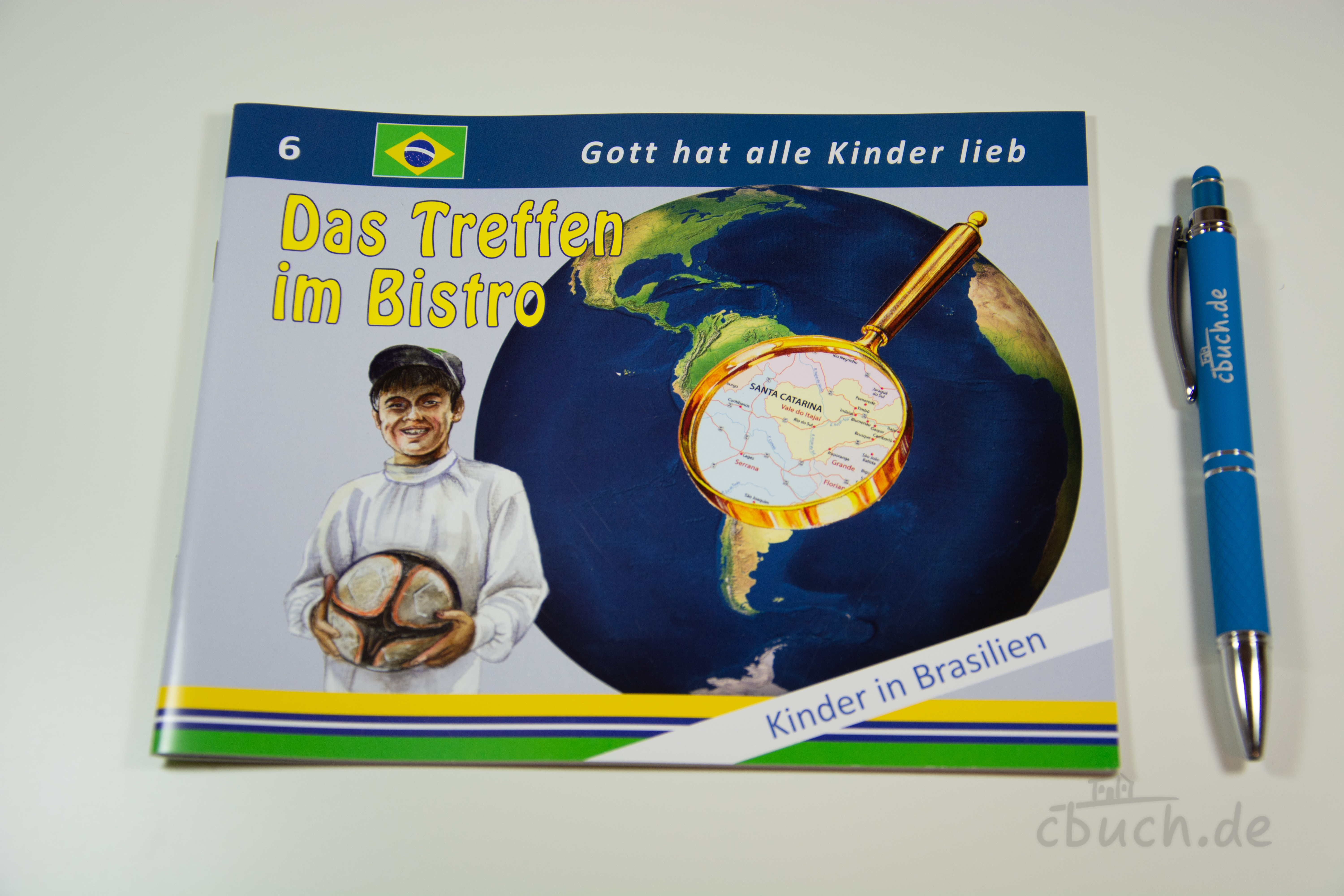 Buchcover von „Das Treffen im Bistro - Kinder in Brasilien (Heft 6)“ von Samenkorn, Missionsgeschichte für Kinder über Pablo in Brasilien mit farbigen Bildern.