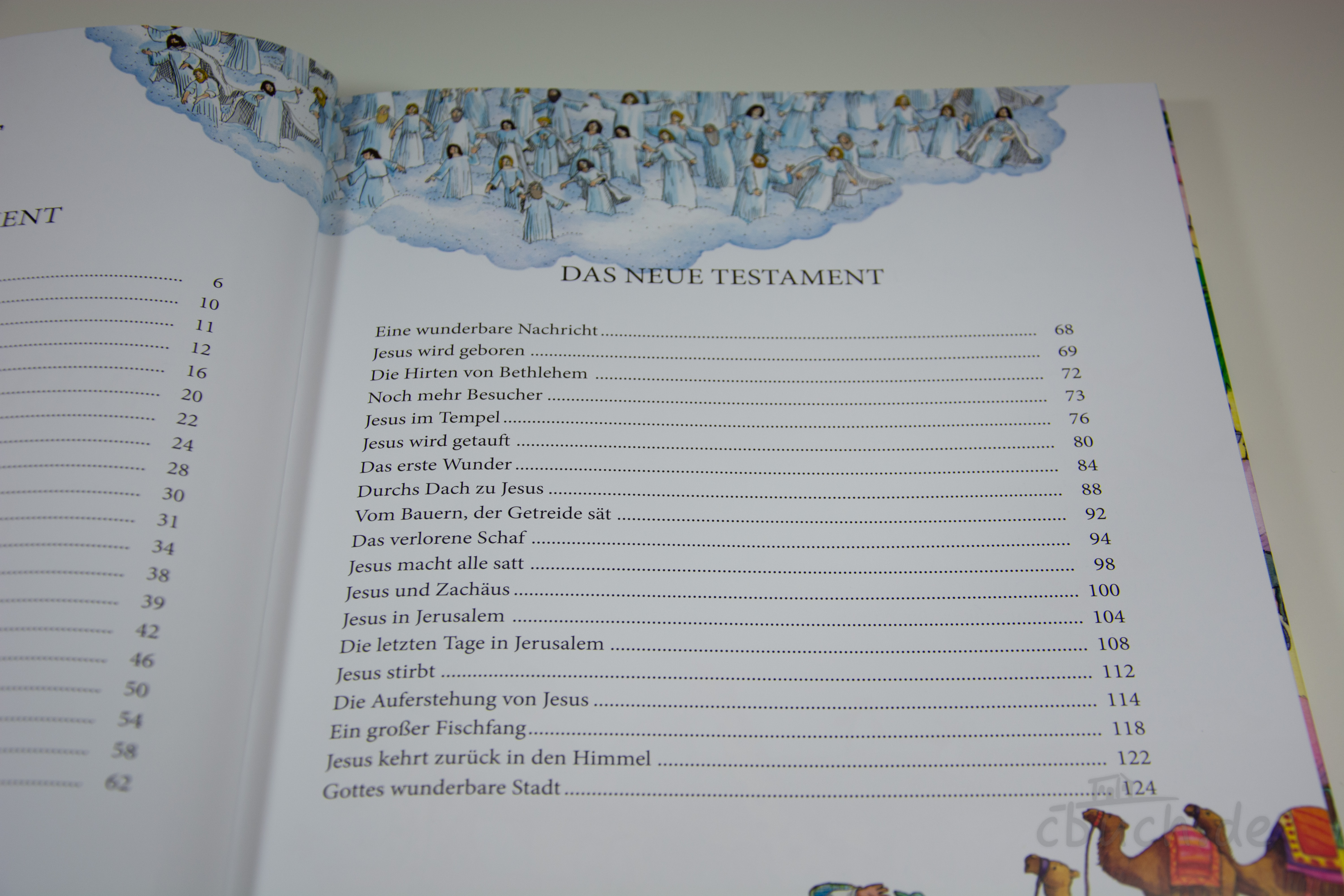 Inhaltsseite aus „Die große Wimmelbibel für kleine Entdecker“ von Gerth-Medien mit Geschichten aus dem Neuen Testament und detailreicher Wimmelillustration für Kinder ab 4 Jahren.