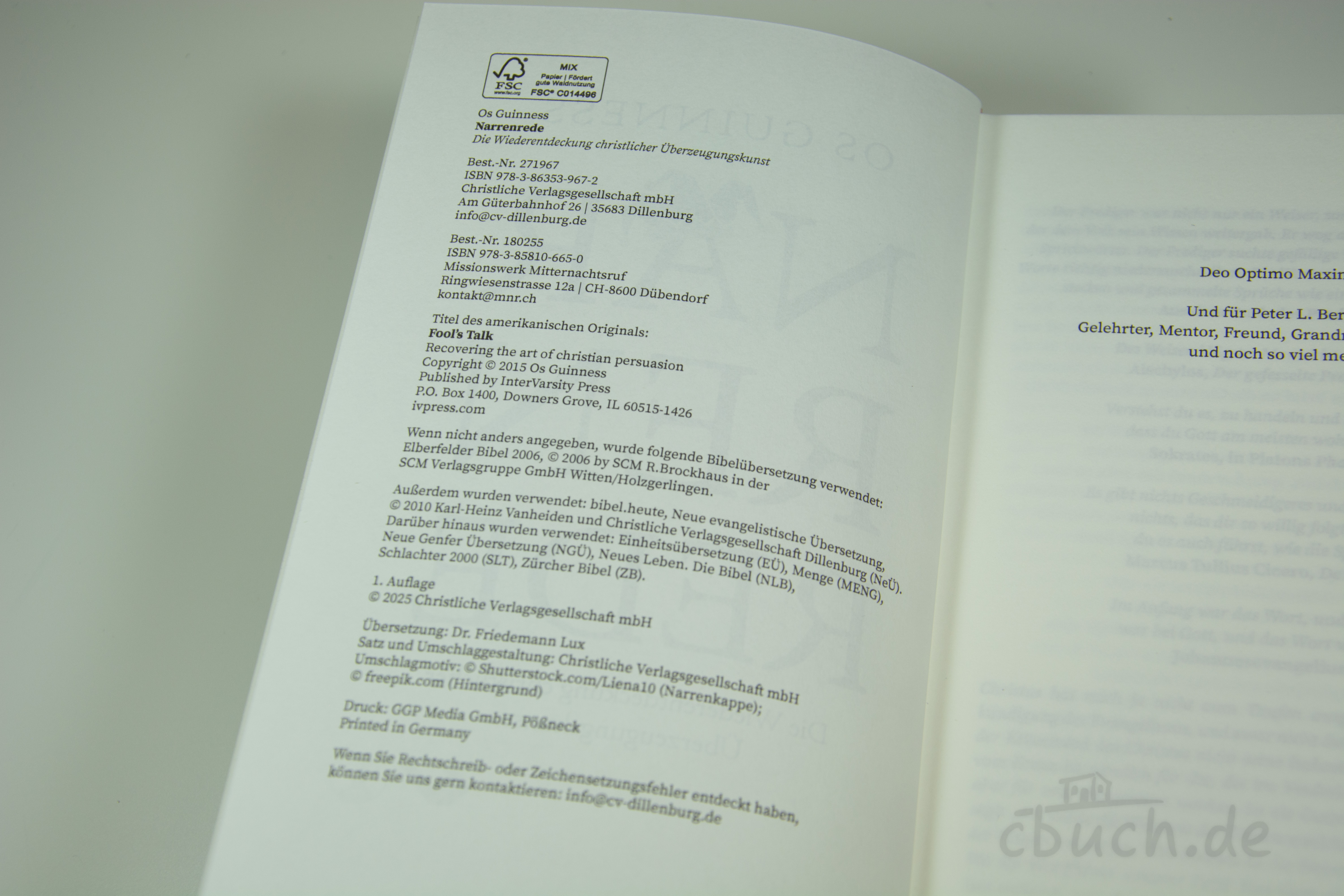 Geöffnete Buchseite mit Verlagsangaben und Copyright-Informa
