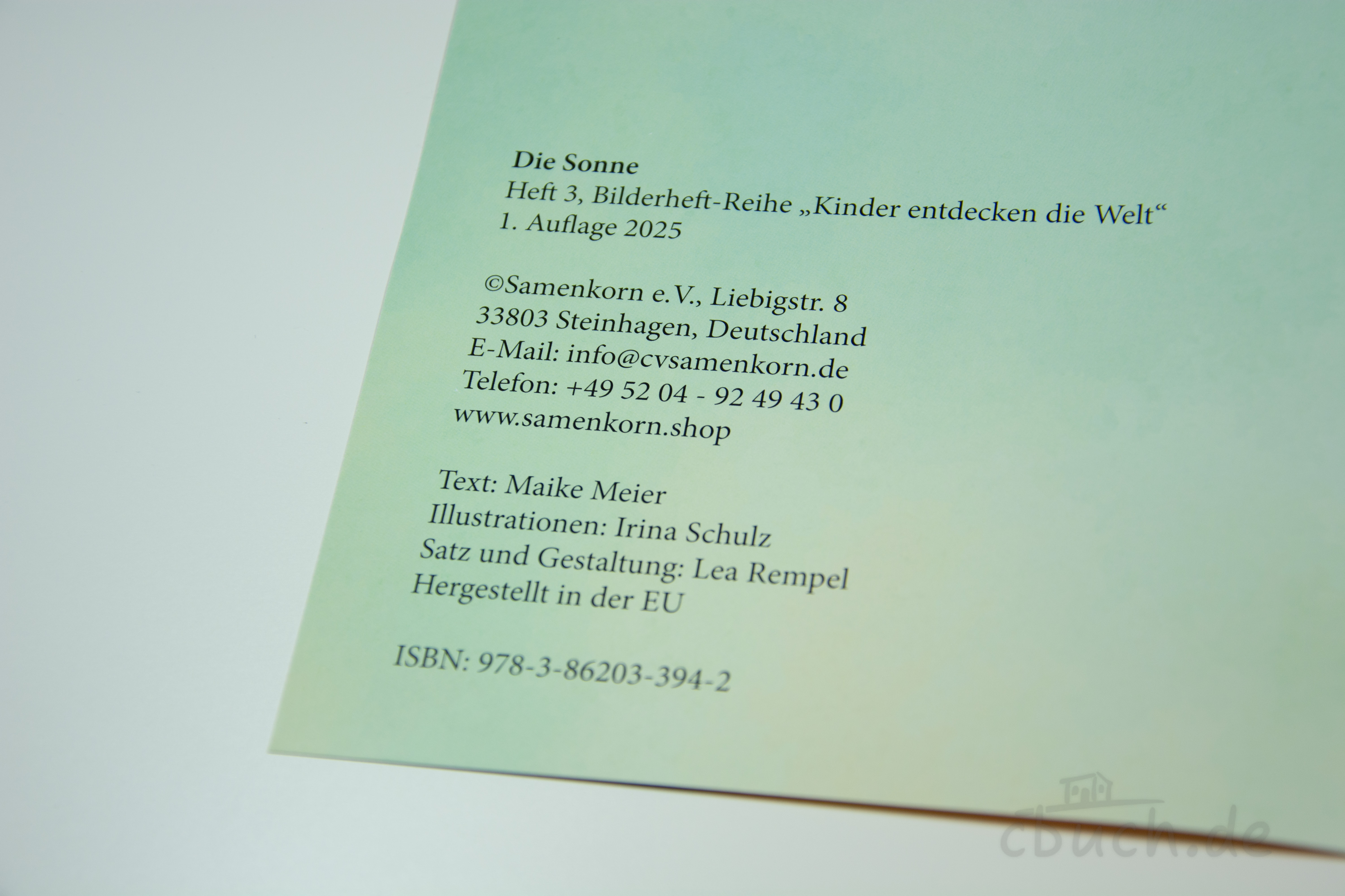 Impressum des Kinderbuchs Die Sonne, 1. Auflage 2025, Verlag