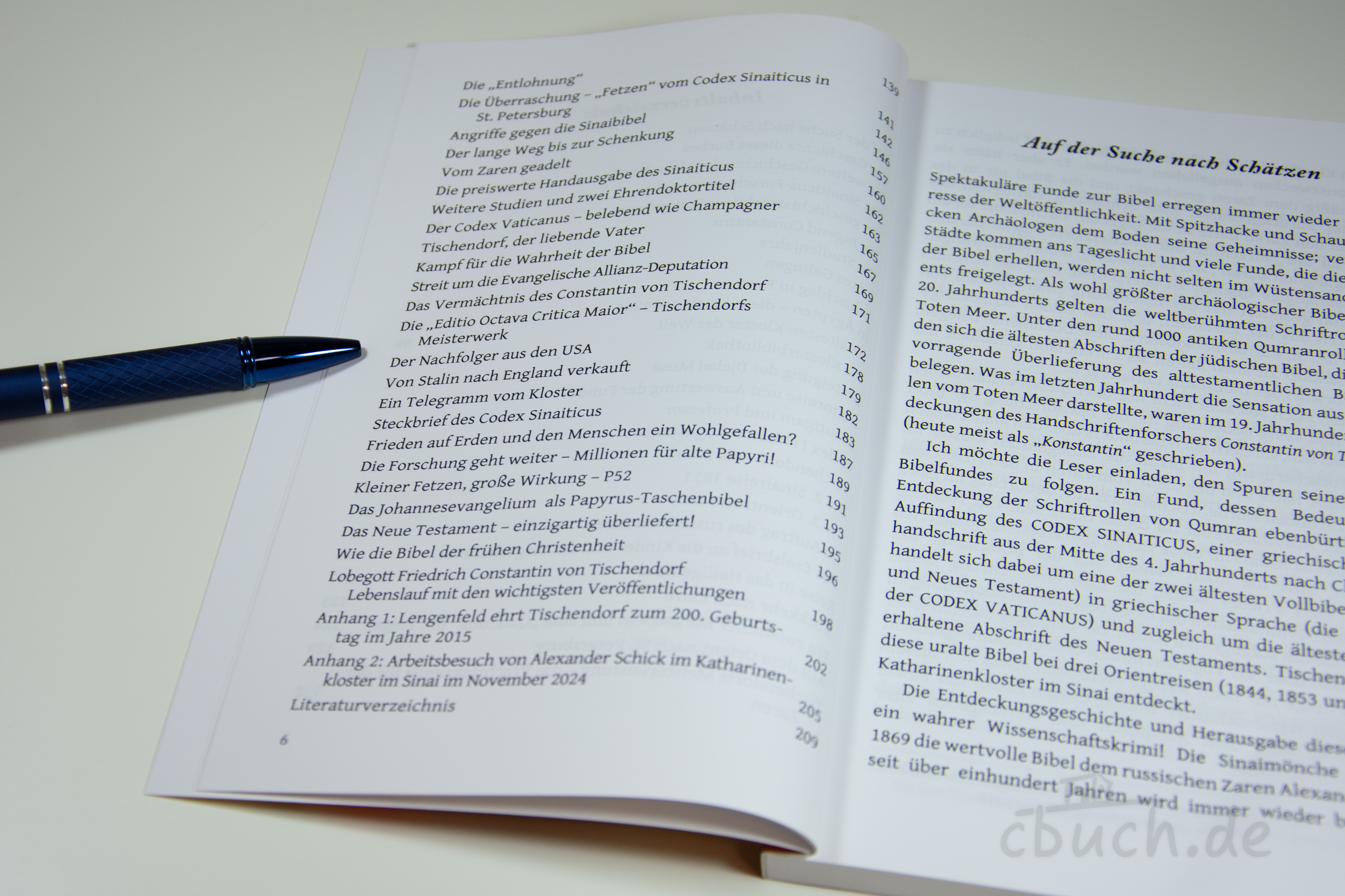 Aufgeklapptes Buch mit Bibelthemen und Stift Buchseite mit Text zu biblischen Schätzen und Geschichte