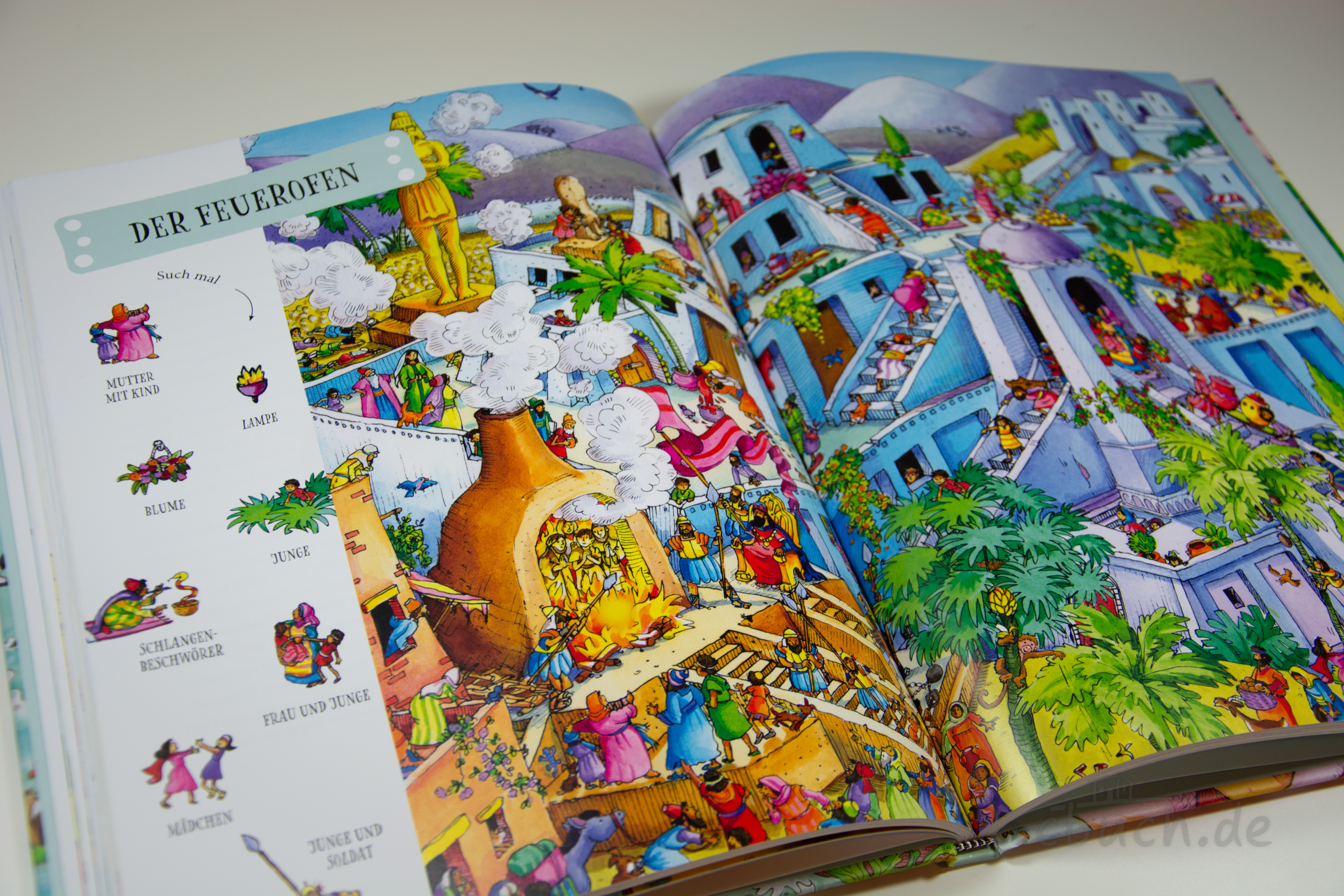 Aufgeschlagene Kinderbibel Die große Wimmelbibel für kleine Entdecker von Gerth-Medien mit farbigem Wimmelbild zur Bibelgeschichte Der Feuerofen, ideal für Kinder ab 4 Jahren