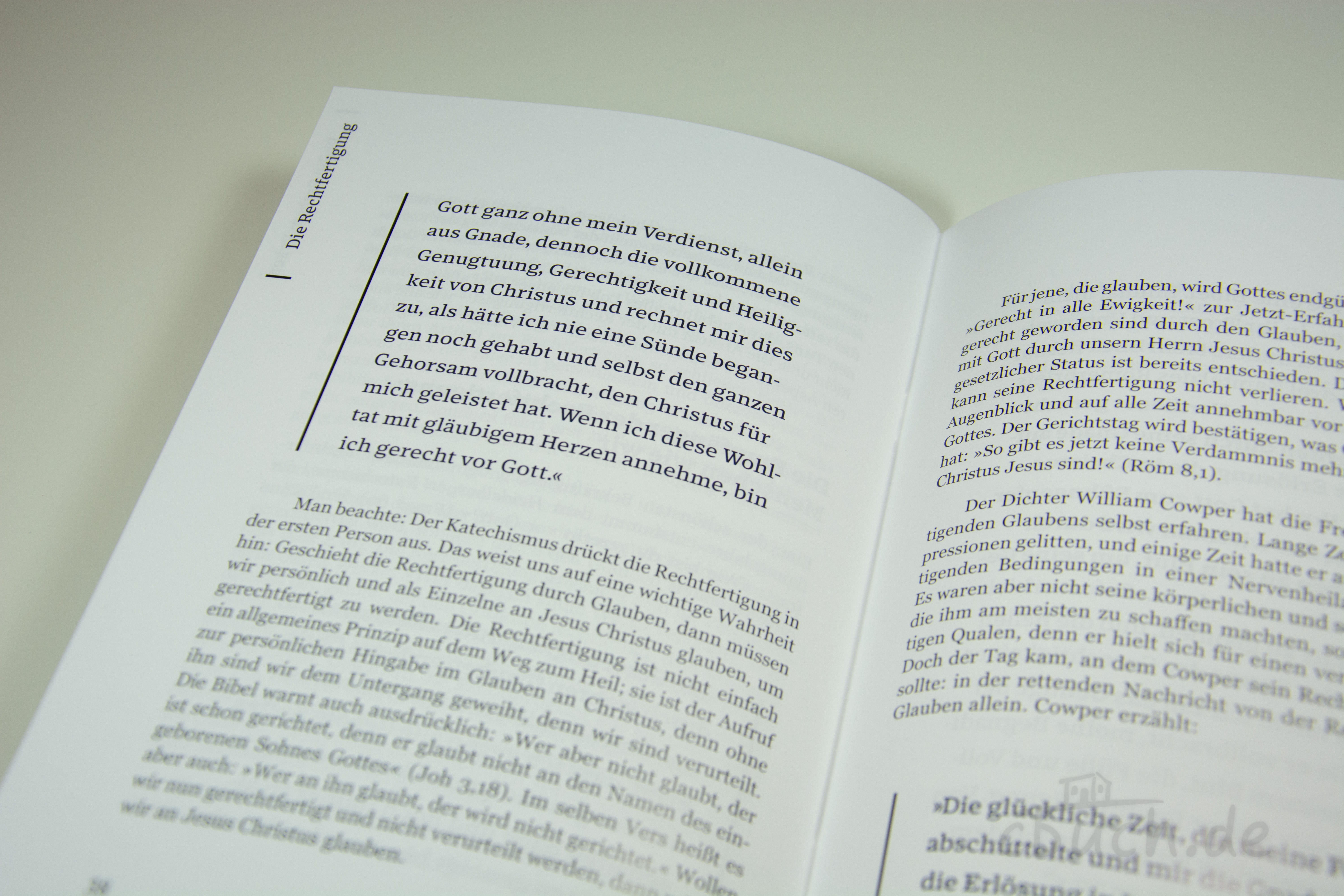 Buchseite mit Text über Rechtfertigung und Glauben in deutsc