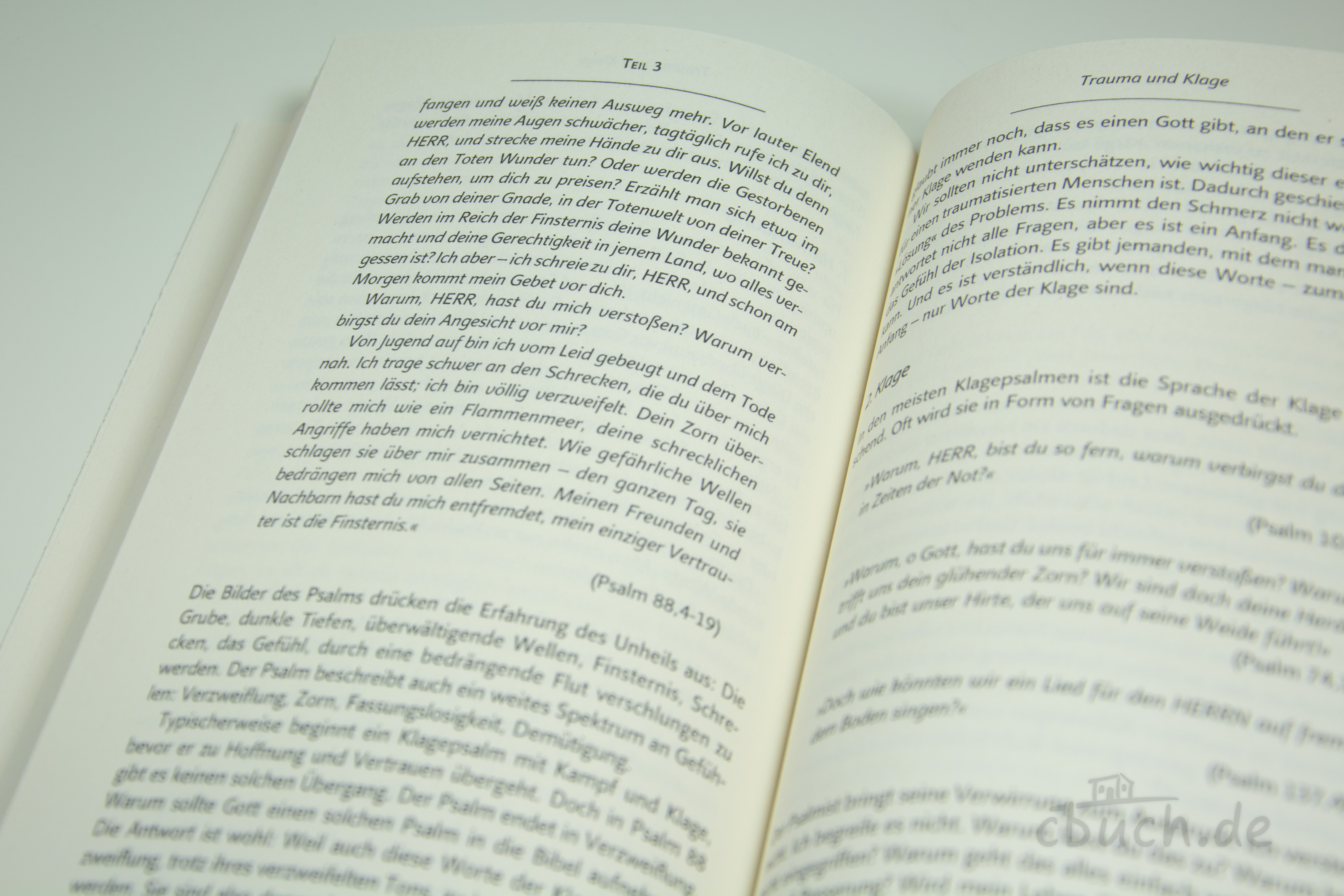 Midgley: TRAUMA – Buch über Trauma und Klage in der Gemeinde Aufgeschlagenes Buch „Midgley: TRAUMA“ von 3L mit Kapitel zu Trauma und Klage, christliche Hilfe für den Umgang mit Traumata in der Gemeinde
