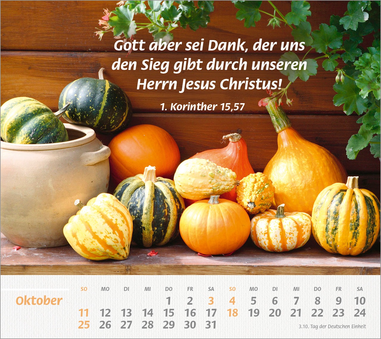 Kalenderblatt Oktober mit bunten Kürbissen und Bibelzitat vo