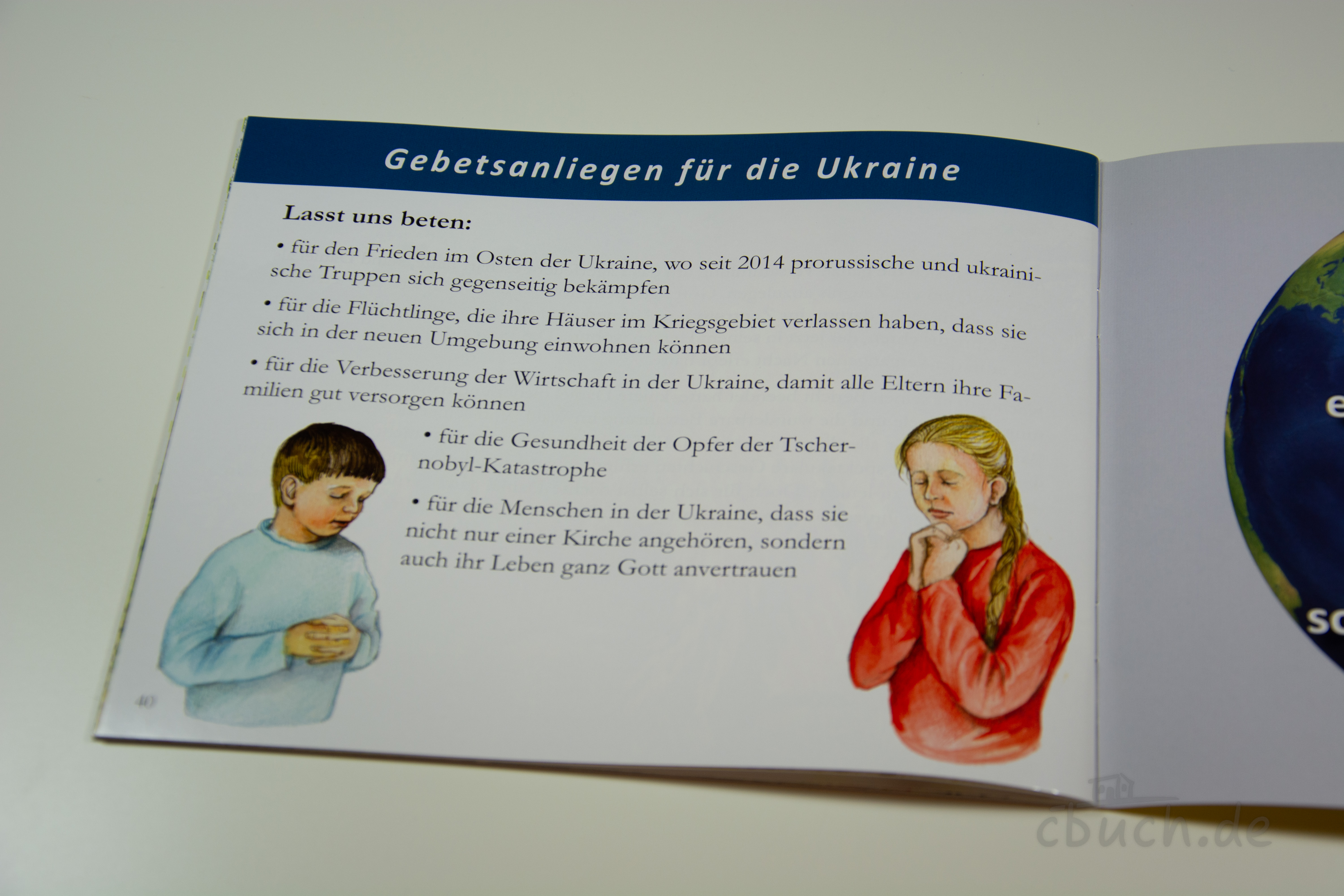 Innenseite aus Die Nacht im Wald - Kinder in der Ukraine (Heft 1) von Samenkorn mit Gebetsanliegen für die Ukraine und betenden Kindern, aus der Reihe Gott hat alle Kinder lieb.