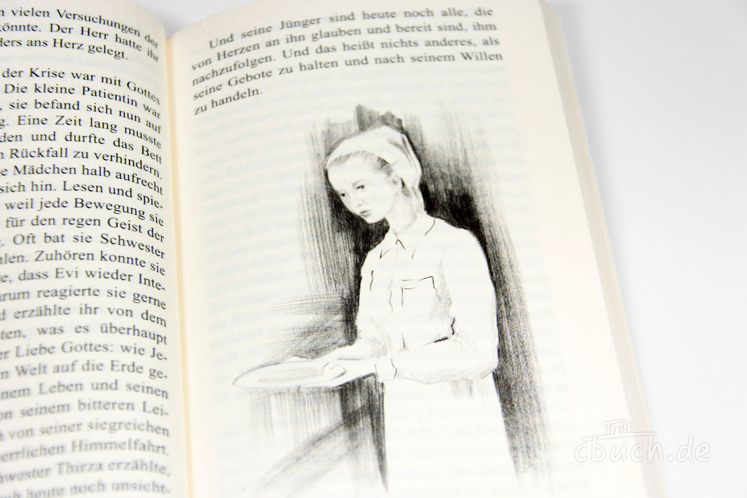 Aufgeschlagenes Buch mit Zeichnung einer Krankenschwester Gezeichnete Krankenschwester im Buch auf einer Seite neben F