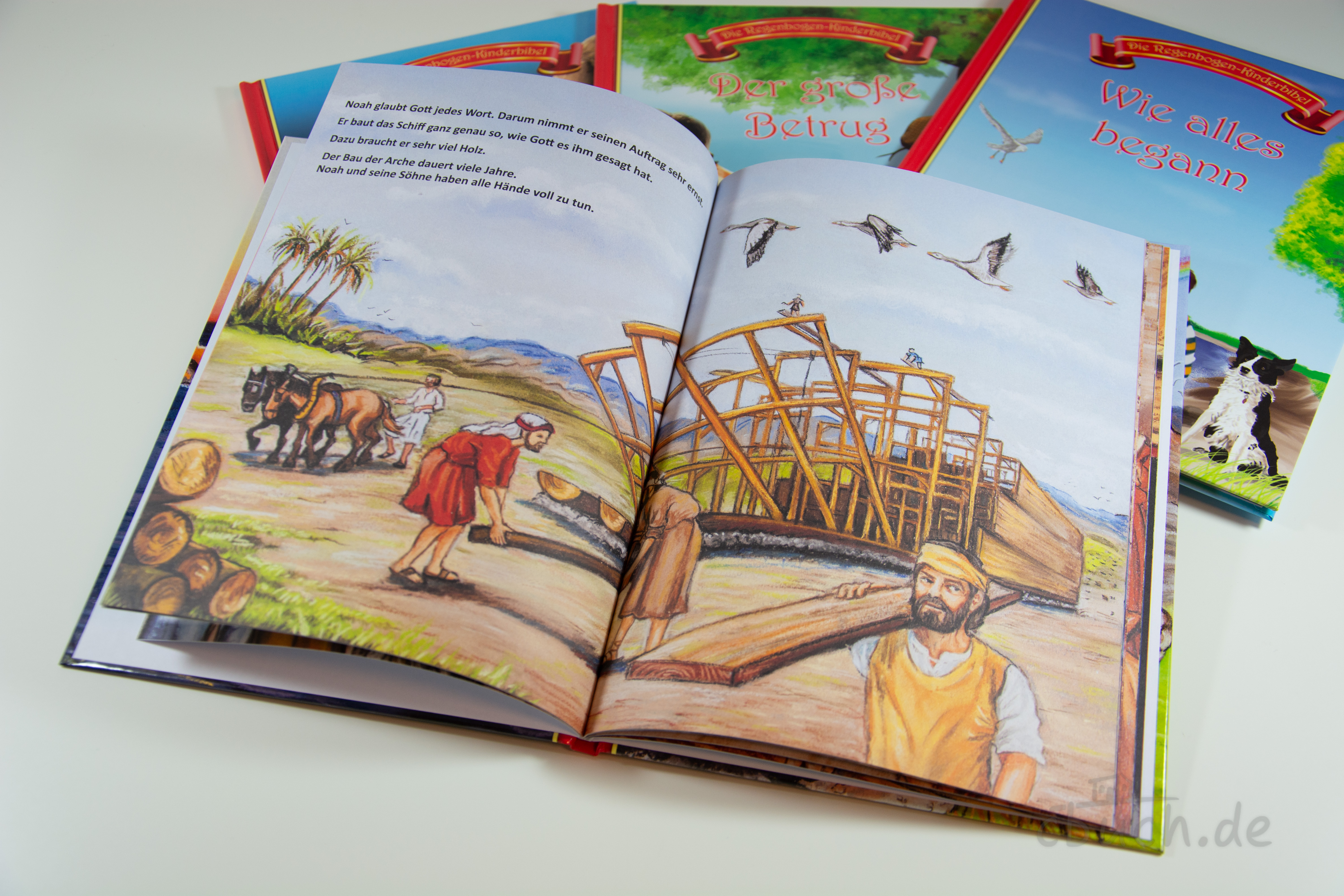SET: Regenbogenkinderbibel + Die kleinen Propheten, 34 Bände Geöffnetes Kinderbibel-Set von CMV: Regenbogenkinderbibel und Die kleinen Propheten mit 34 Bänden, farbenfrohe Illustrationen zur Arche Noah für Vorschulkinder