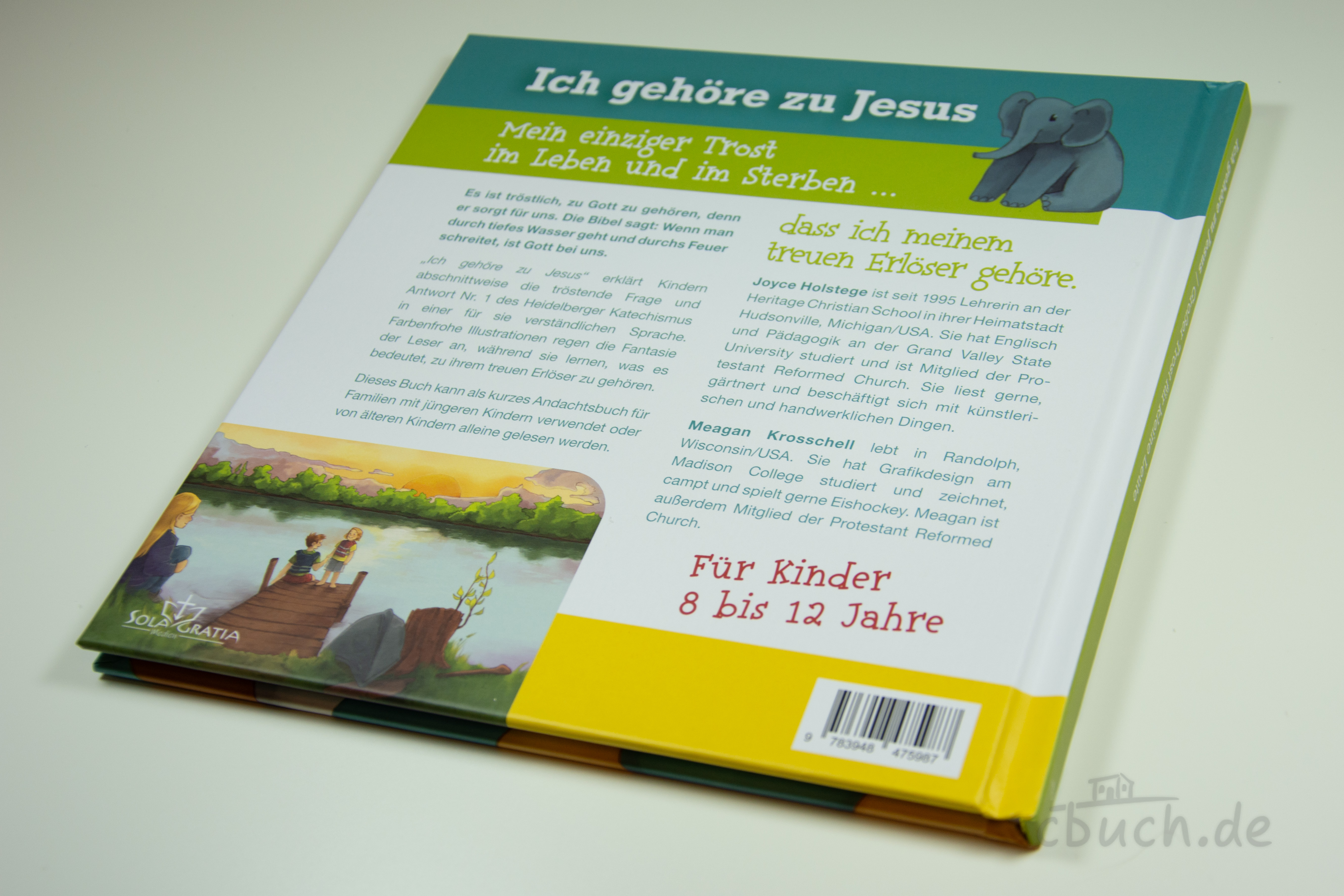 Buchrückseite von „Holstege: Ich gehöre zu Jesus - Großer Trost für kleine Leute“ von Sola Gratia Medien, farbenfrohes Andachtsbuch für Kinder von 8 bis 12 Jahren über Gottes Trost.