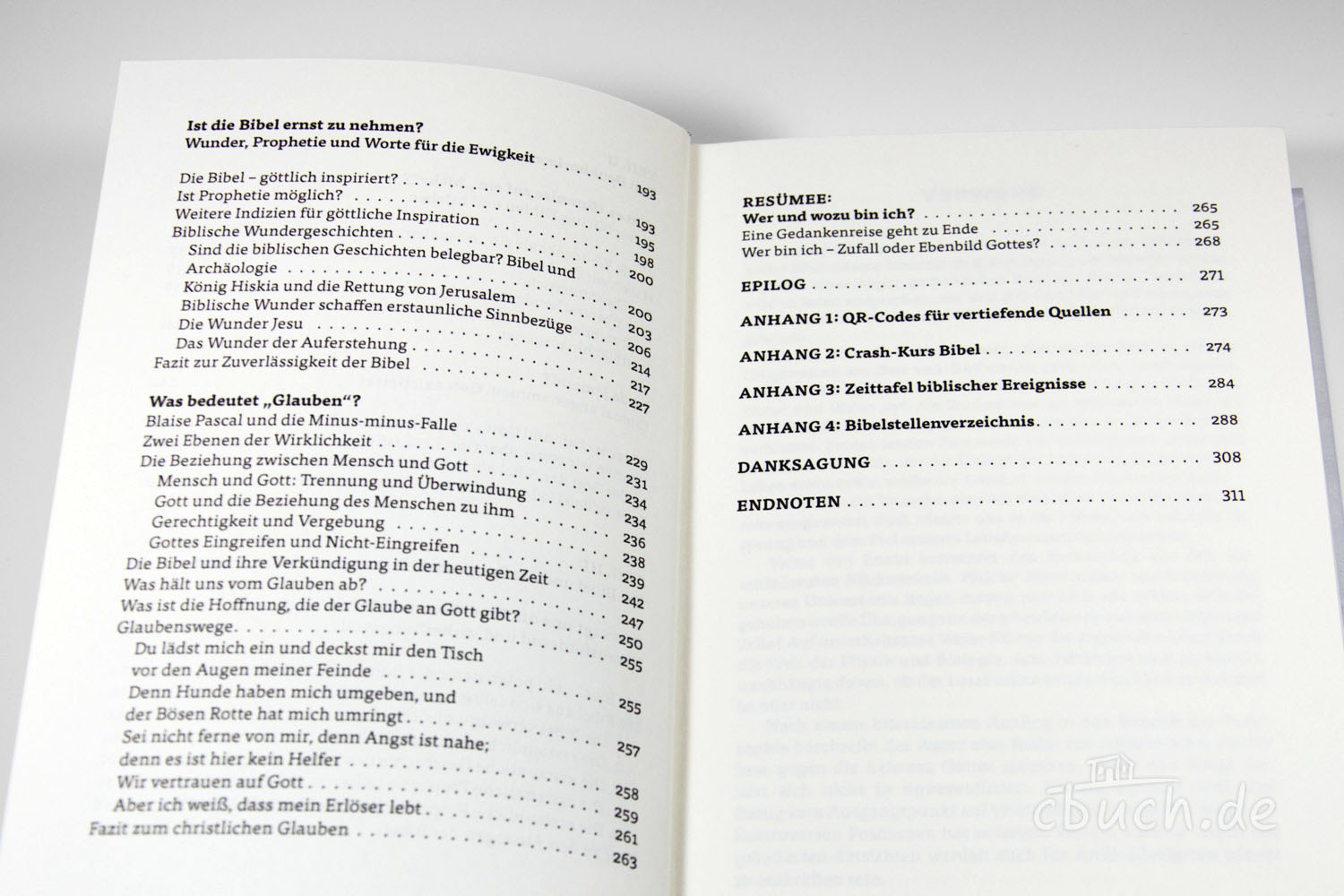 Blick in das Inhaltsverzeichnis eines Buches über Bibel und Offenes Buch mit Inhaltsverzeichnis zu Bibel und christliche