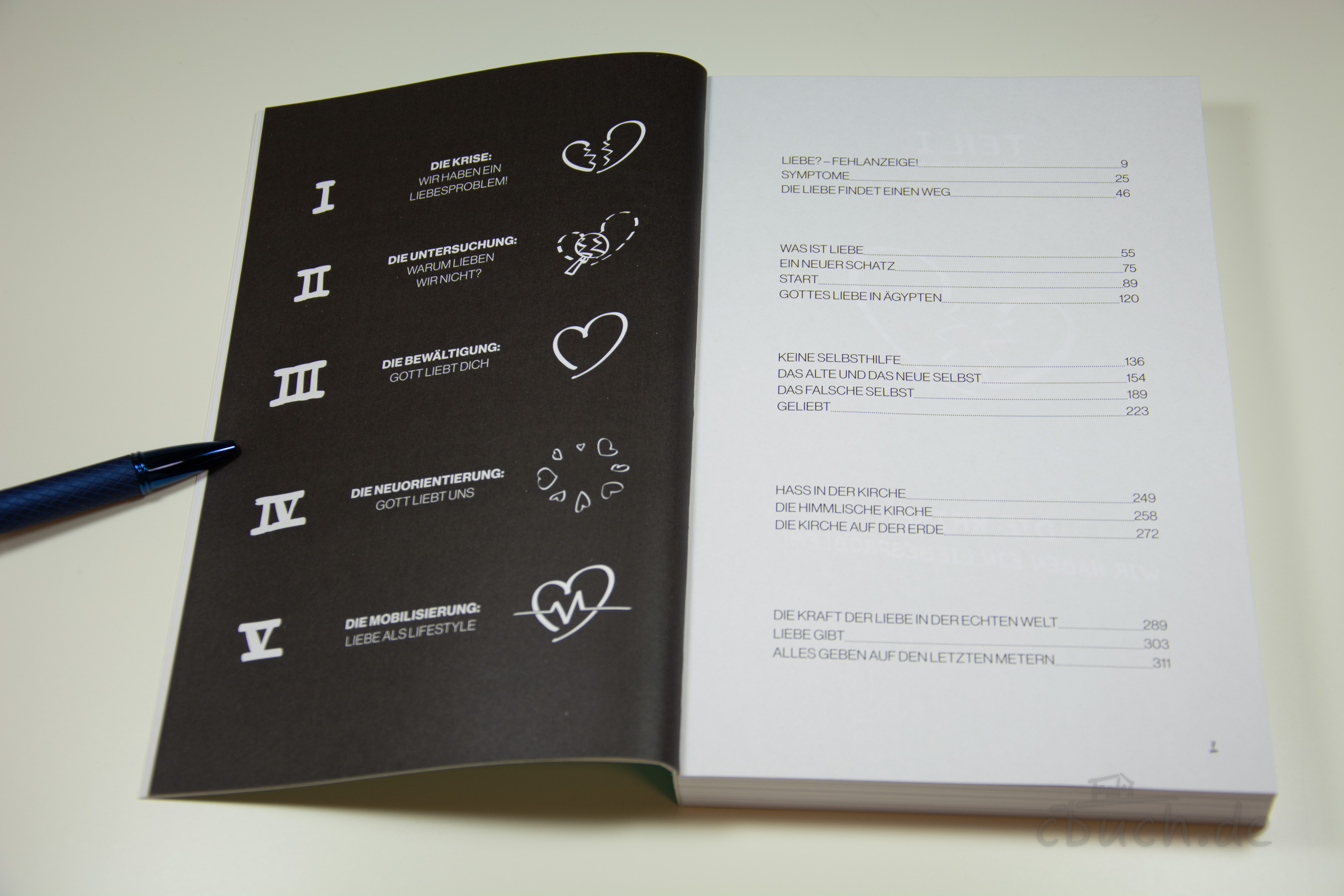 Aufgeschlagenes Buch „Bubenzer: Überrascht von Liebe“ von Nathanael Bubenzer, CV, mit sichtbarem Inhaltsverzeichnis und Kapiteleinteilung zum Thema Gottes Liebe.