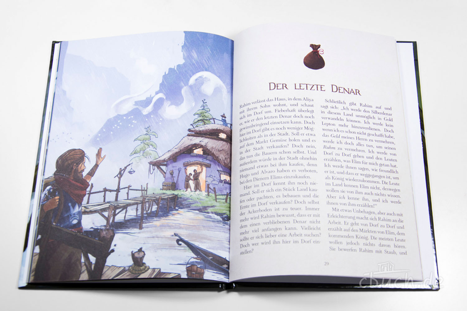 Geöffnetes Märchenbuch mit Illustration und Text auf Deutsch Märchenbuchseite mit Bild einer Hütte und deutschen Text zu
