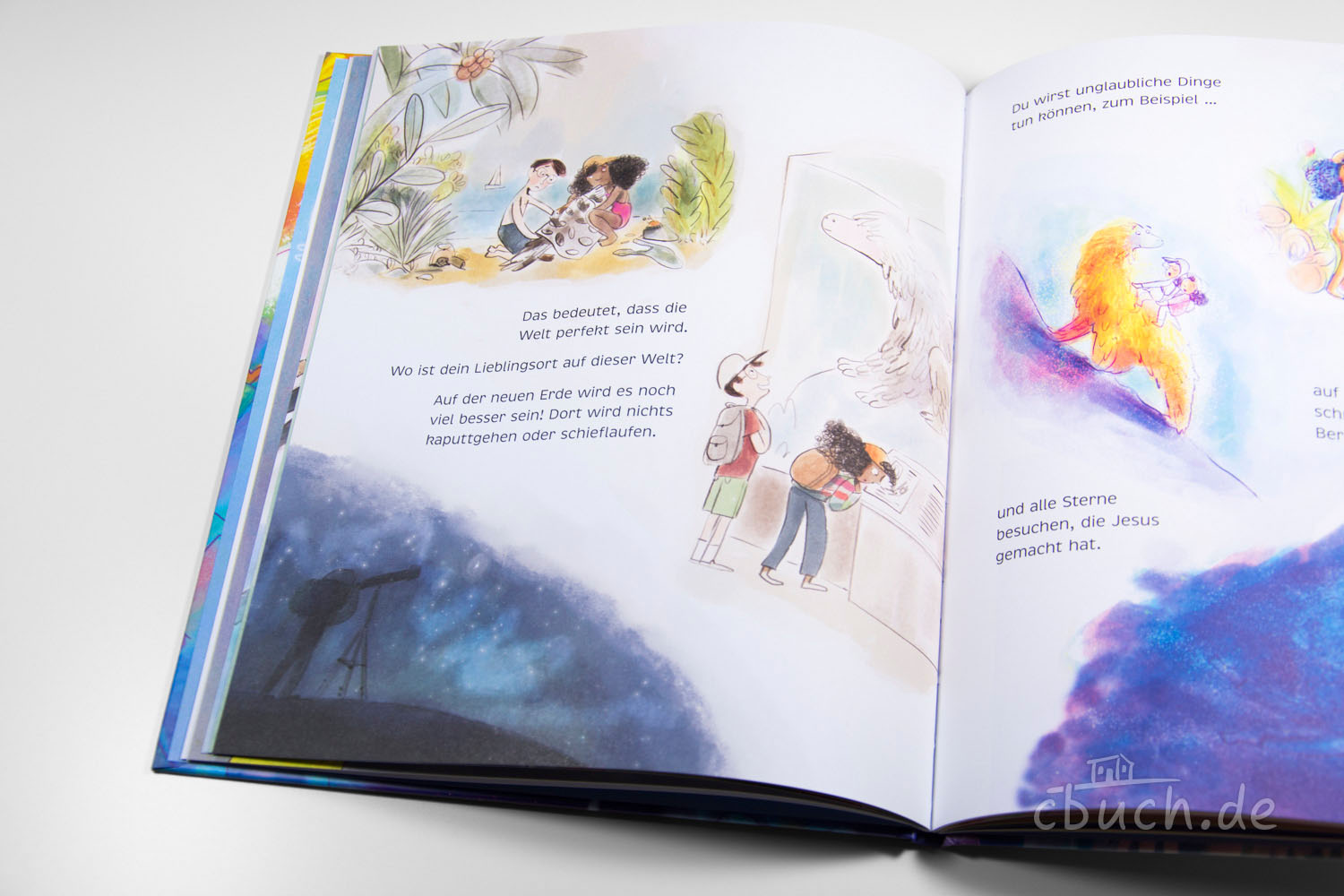 Kinderbuchseiten mit Zeichnungen von Menschen, Tieren und Te