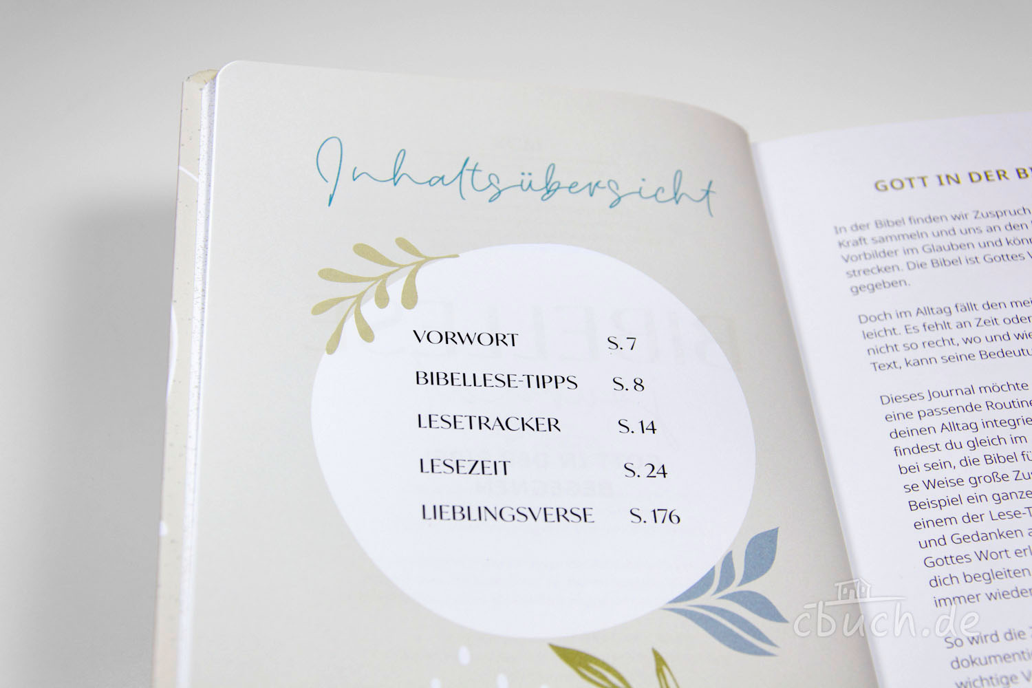 Geöffnete Buchseite mit Inhaltsübersicht und biblischen Them