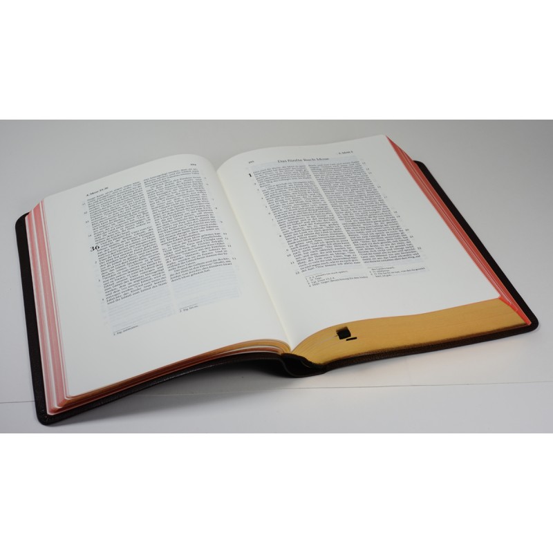 Geöffnete Elberfelder Bibel Edition CSV als Schreibrandbibel, kleinere Ausgabe, weiches Rindleder in Dunkelbraun mit Rotgoldschnitt und breiten Rändern