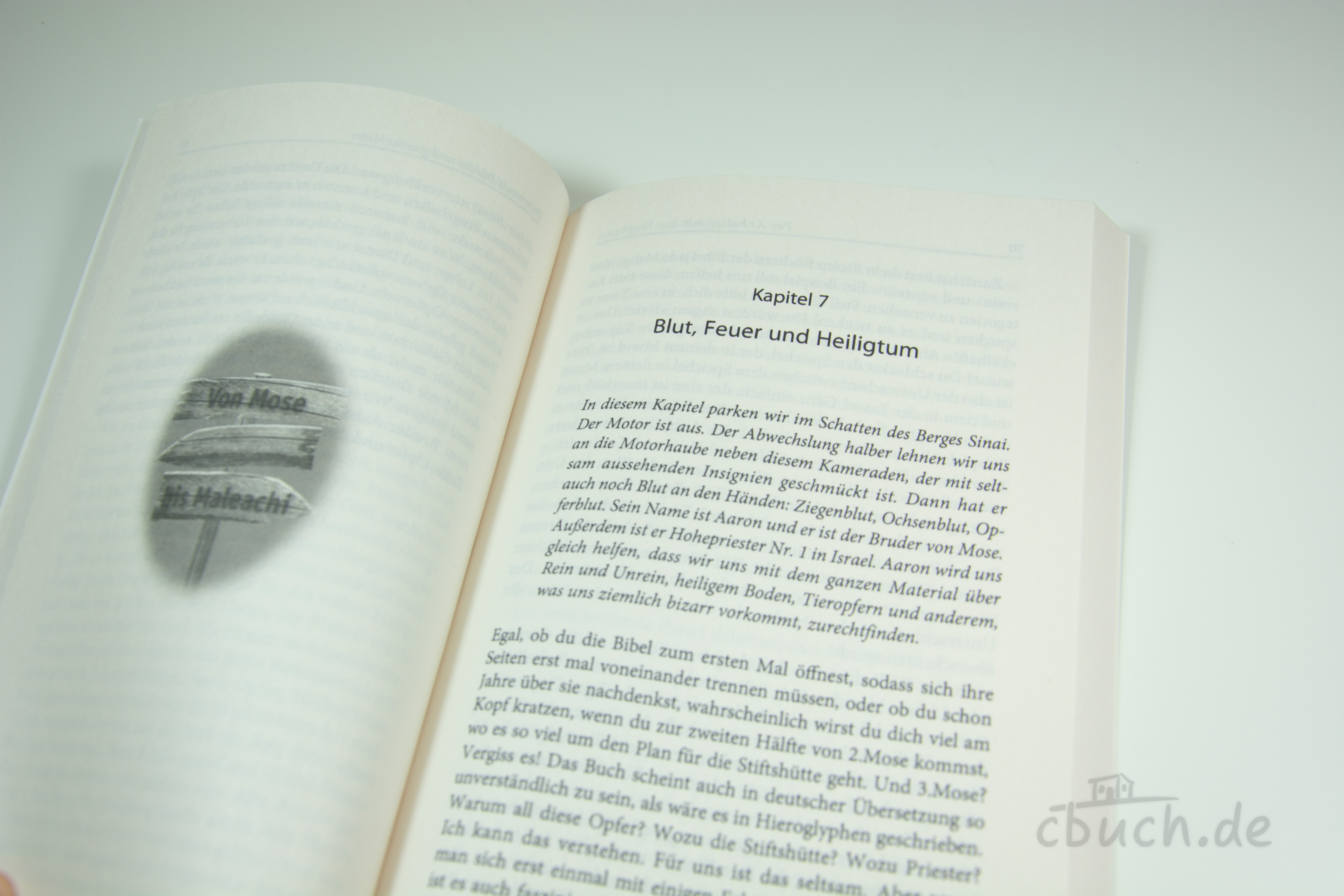 Geöffnete Buchseite aus "Per Anhalter mit den Propheten" von Chad Bird, Kapitel 7 „Blut, Feuer und Heiligtum“ – Einblick in die Reise durch Patriarchen und Propheten des Alten Testaments.