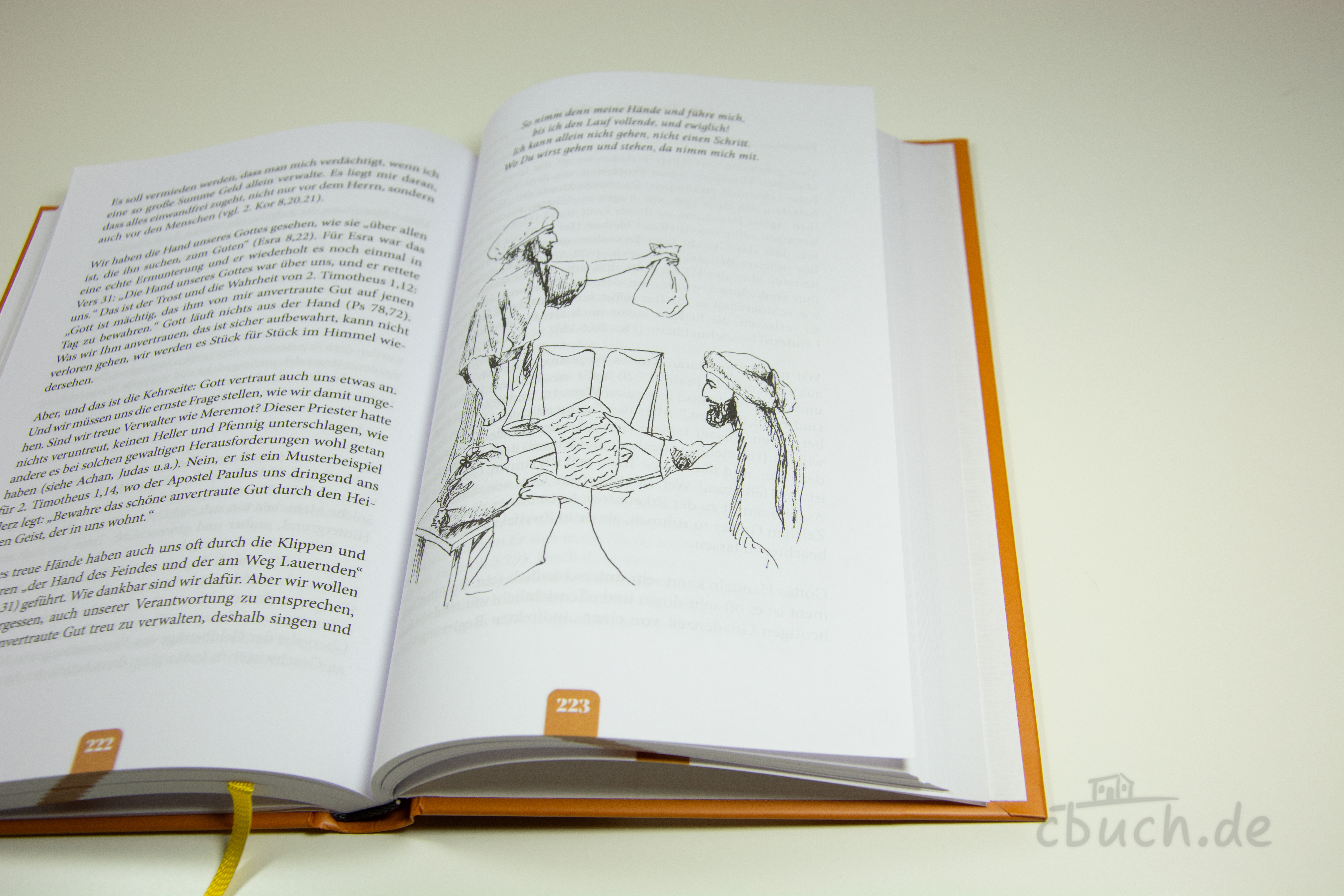 Aufgeschlagenes Buch „Keune: Die Kleinen der Bibel - Band 4“ von CSV mit Andachtstexten und biblischer Illustration im Innenteil.