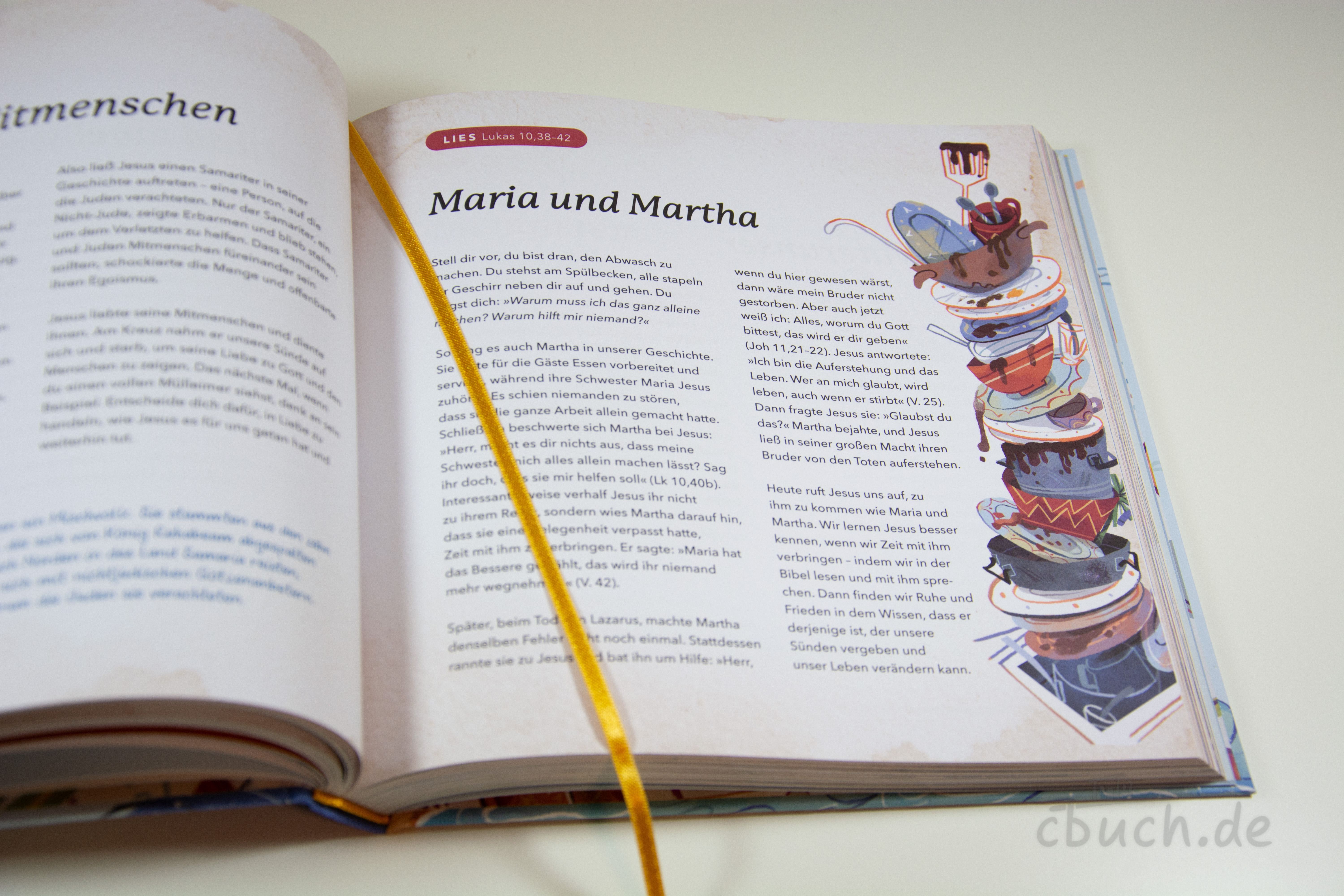 Machowski: Der verborgene Schatz – aufgeschlagenes Kinderbuch mit biblischer Geschichte Aufgeschlagenes Buch „Machowski: Der verborgene Schatz“ von Marty Machowski mit der Geschichte „Maria und Martha“ und Illustration, erschienen bei Verbum Medien.
