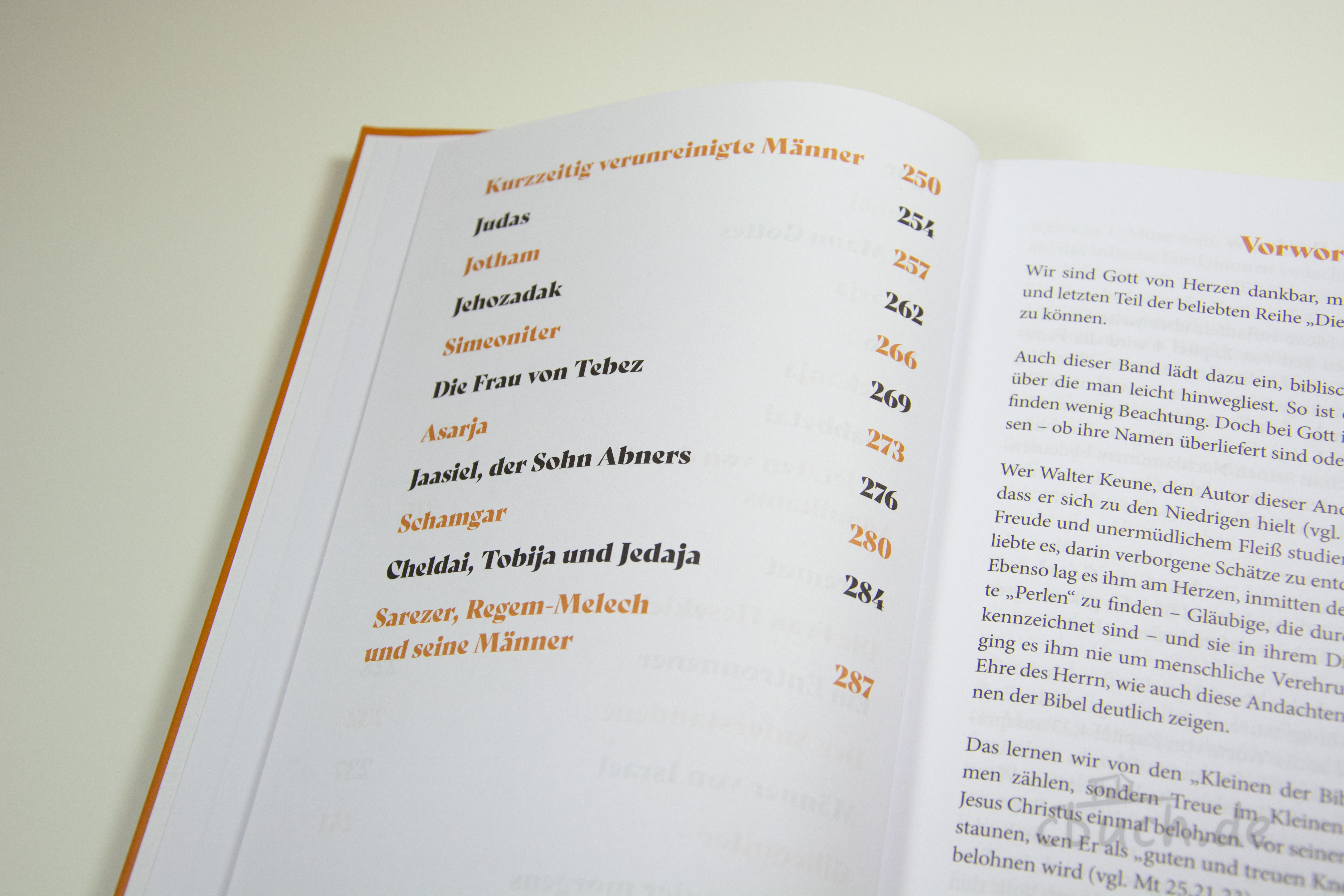 Geöffnetes Buch „Keune: Die Kleinen der Bibel - Band 4“ von CSV mit Inhaltsverzeichnis und Vorwort zu Andachten über unscheinbare Personen der Bibel.