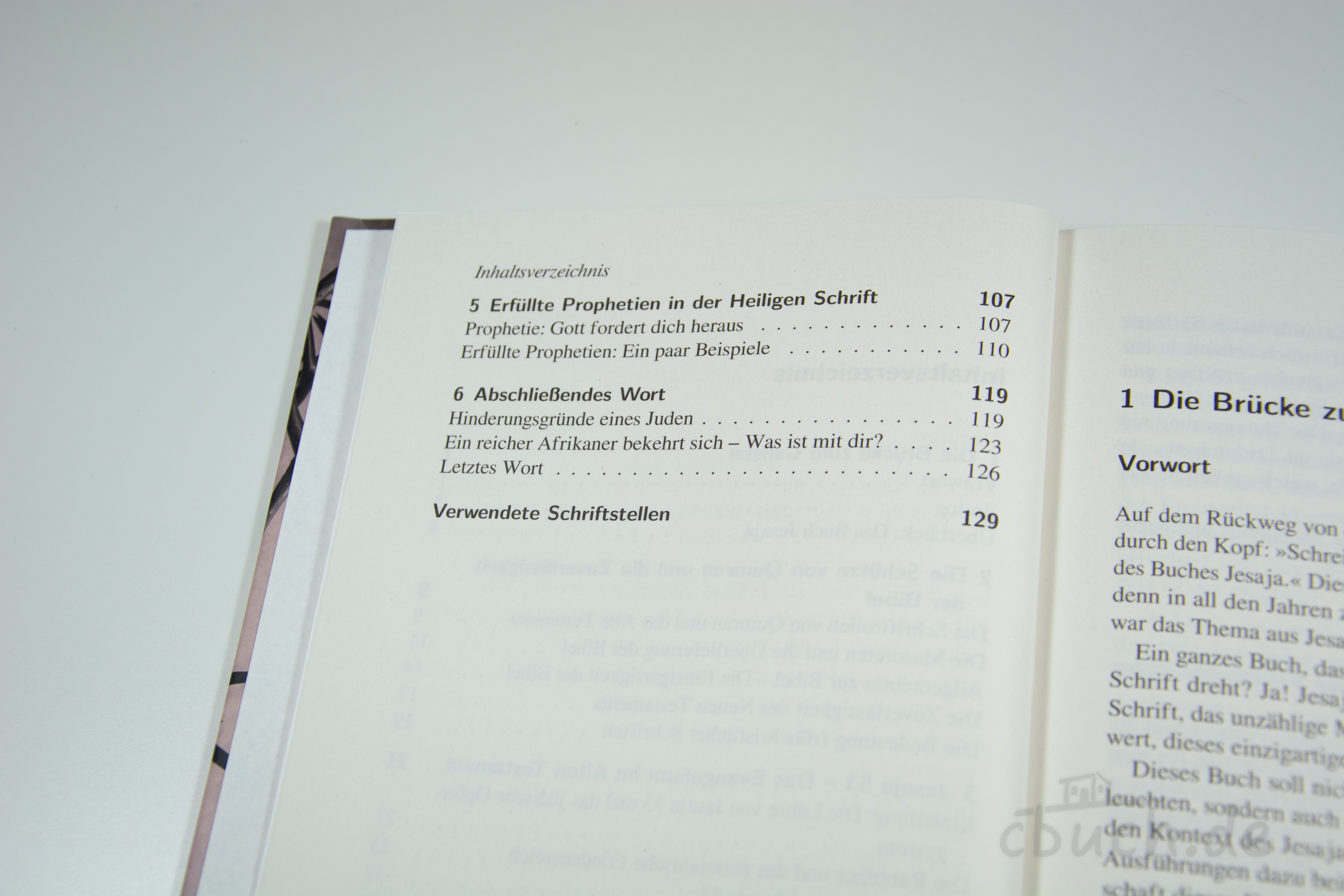Inhaltsverzeichnis eines Buches mit Kapiteln zu Prophezeiung