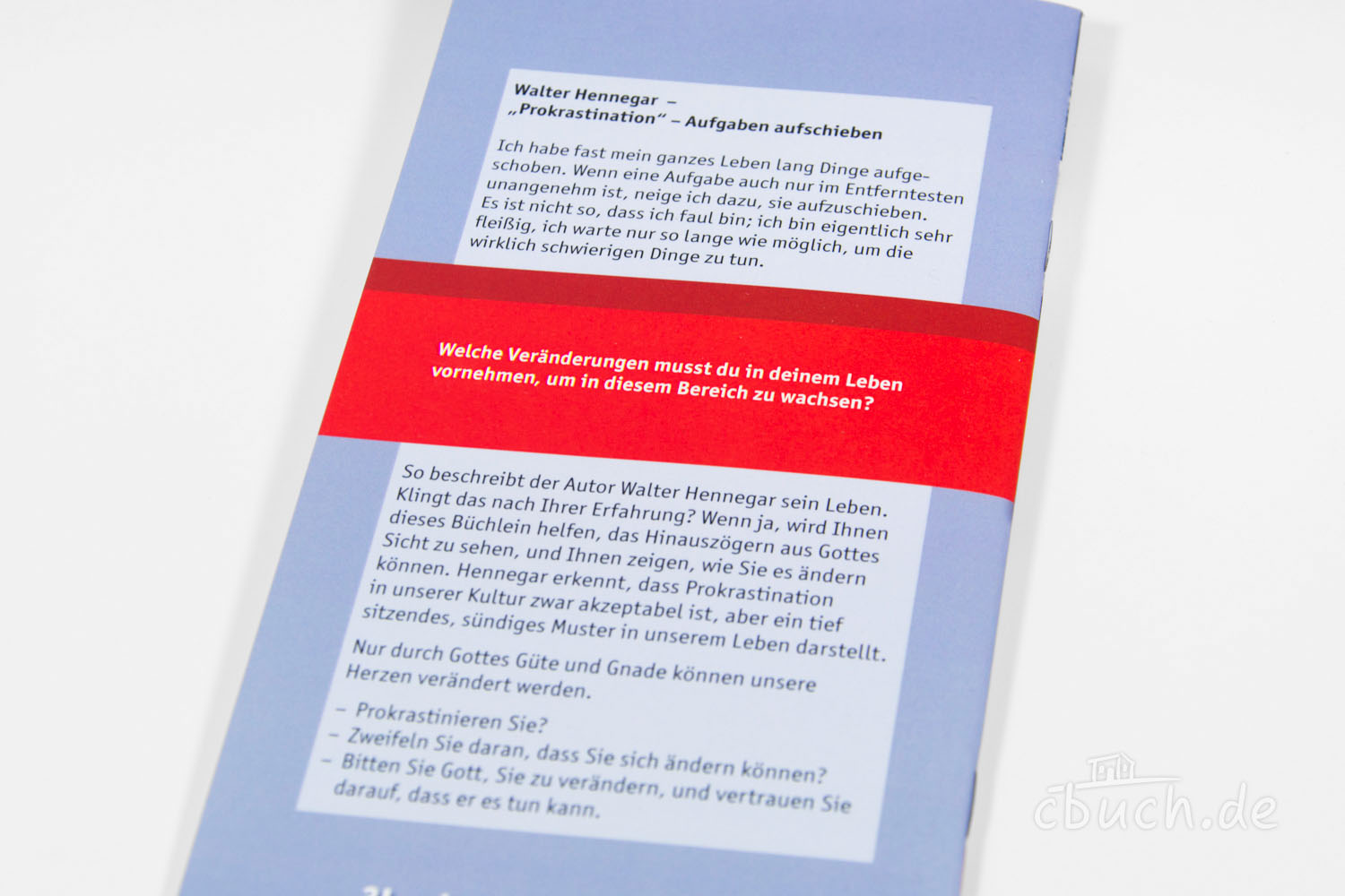 Rückseite einer Broschüre mit Text über Prokrastination und
