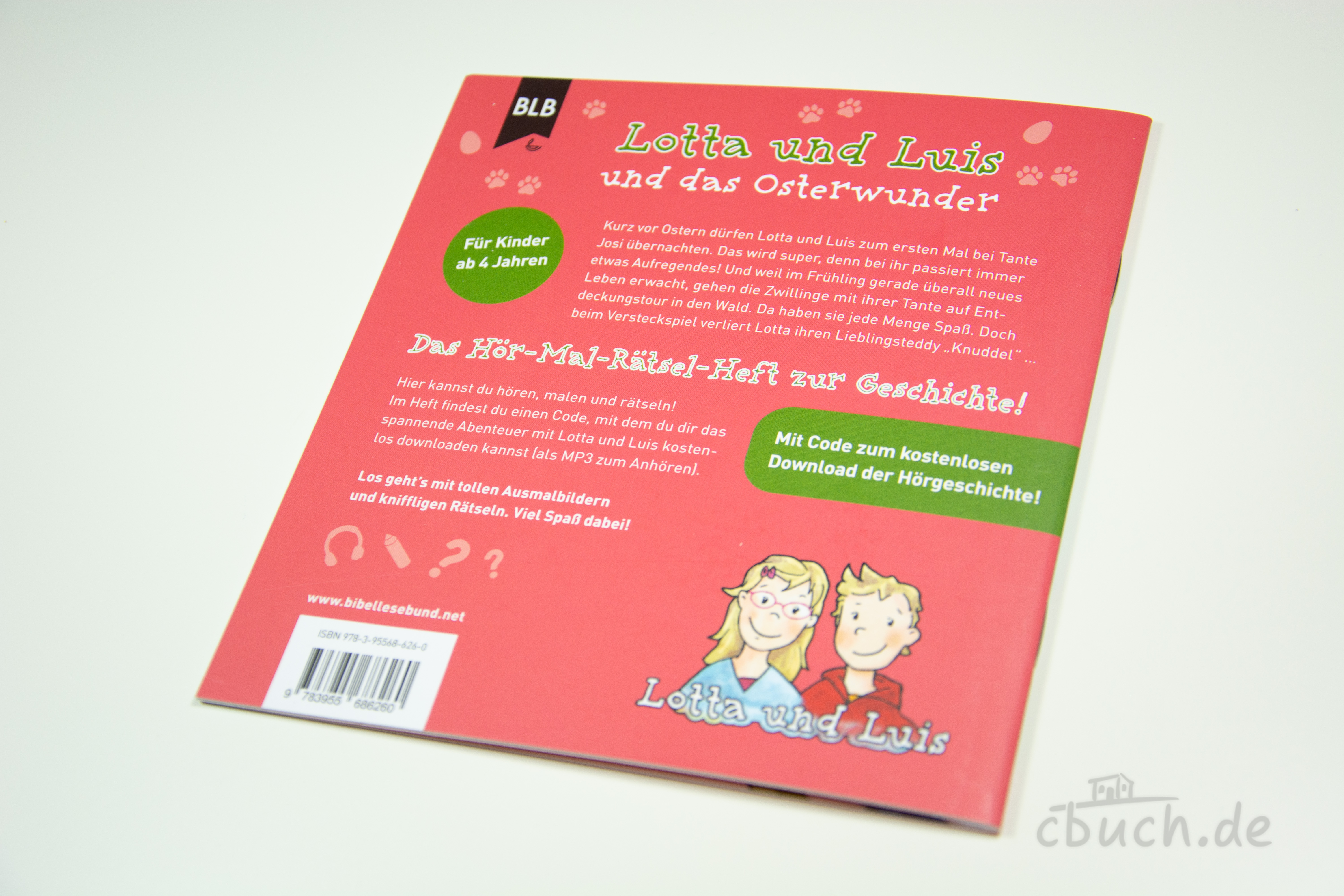 Rückseite des Kinderhefts „Koch: Lotta und Luis und das Osterwunder“ von Bibellesebund, kindgerechte Ostergeschichte mit Hör-Mal-Rätsel-Heft und Download-Code.