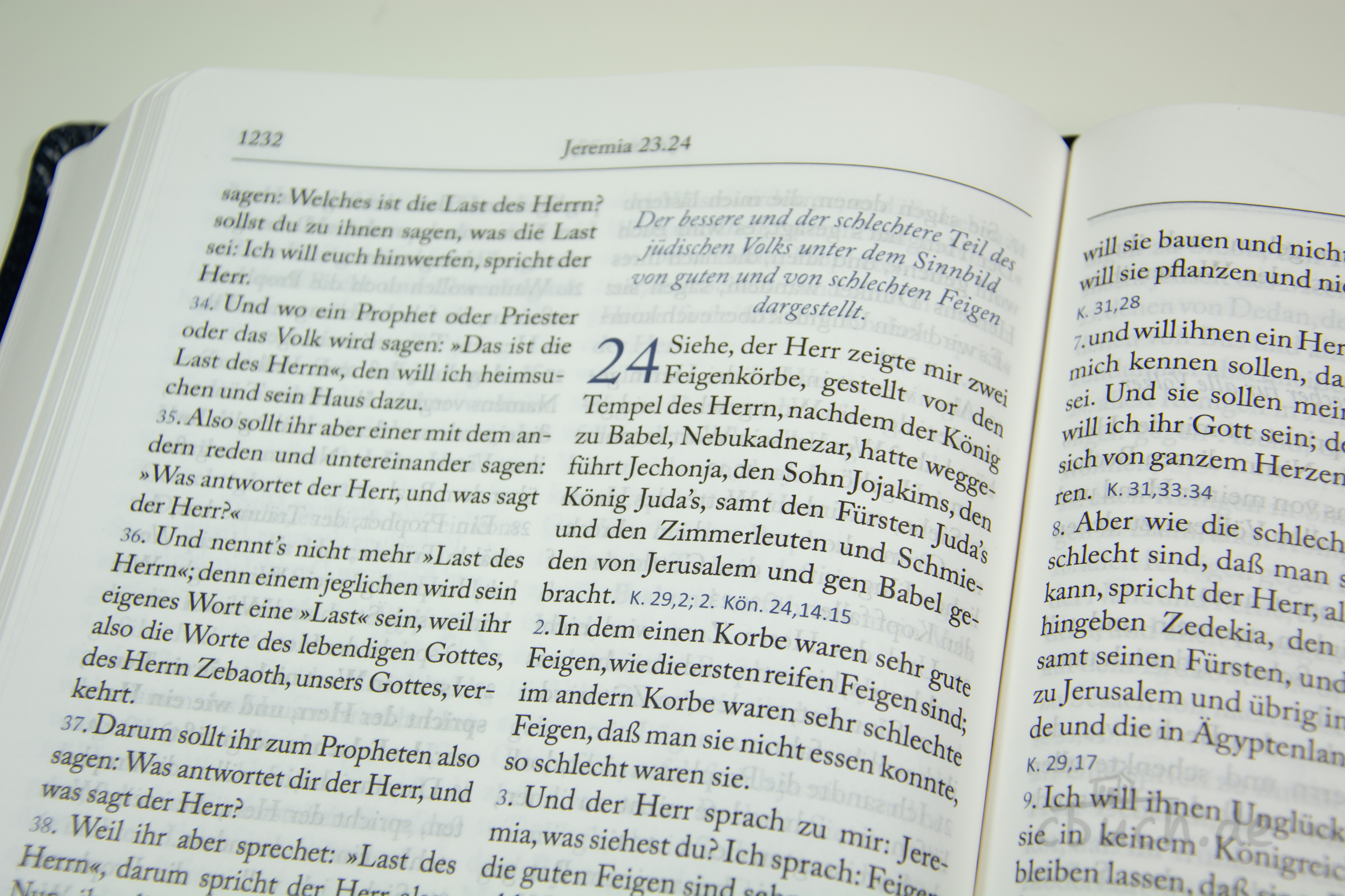 Aufgeschlagene Lutherbibel 1912 im Großdruck mit Lederfaserstoff-Einband von Lichtzeichen Verlag, gut lesbare große Schrift für Senioren und Sehbehinderte