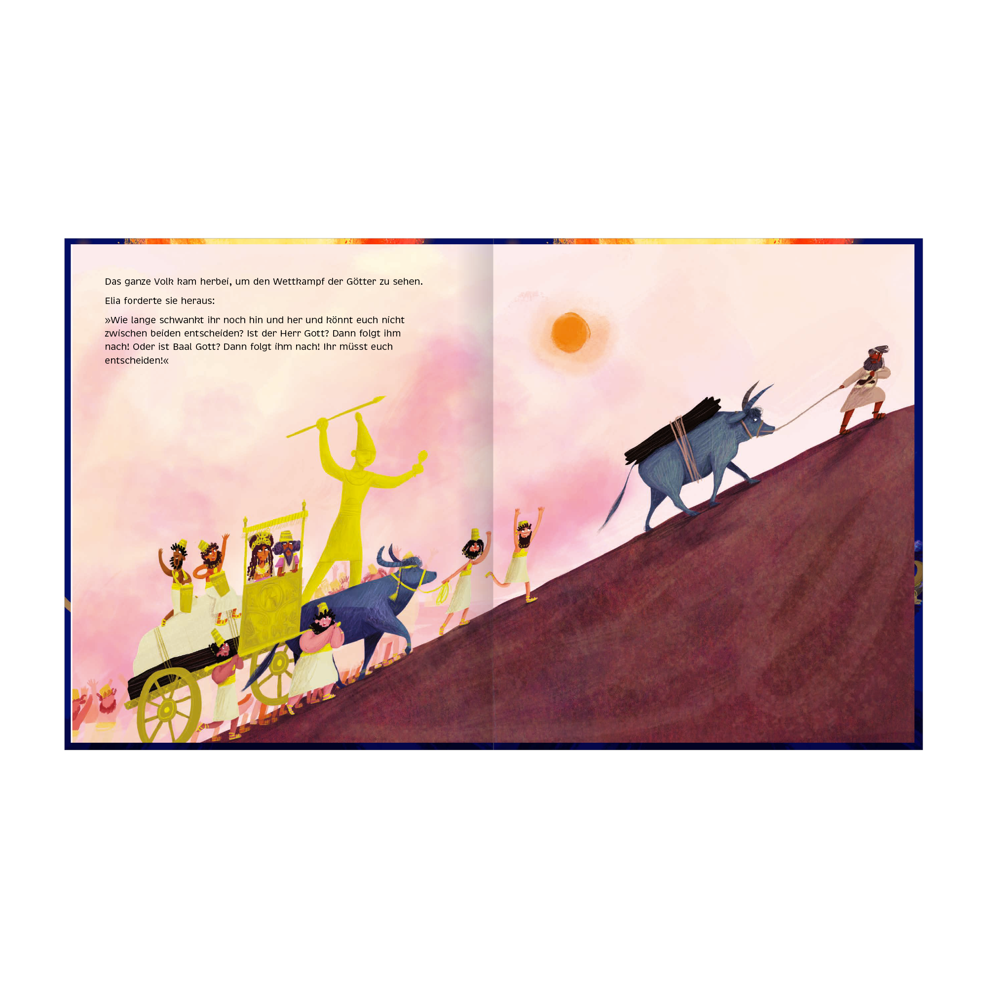 Bunte Kinderbuch-Illustration mit Menschen und Ochsenkarren