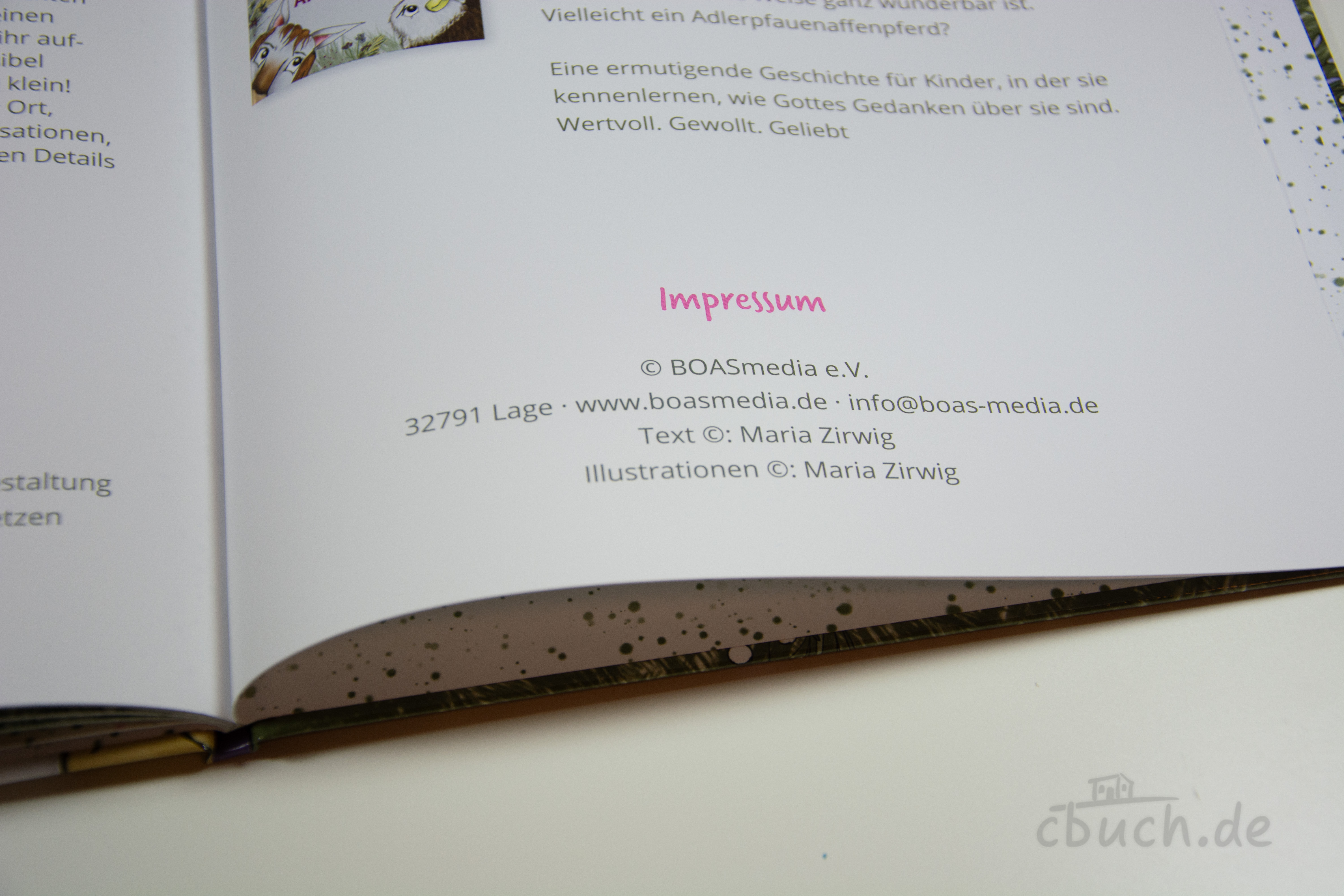 Innenseite mit Impressum aus dem Kinderbuch „Zirwig: Stolperausrutschpurzeltage“ von Maria Zirwig, erschienen bei BOAS Media.