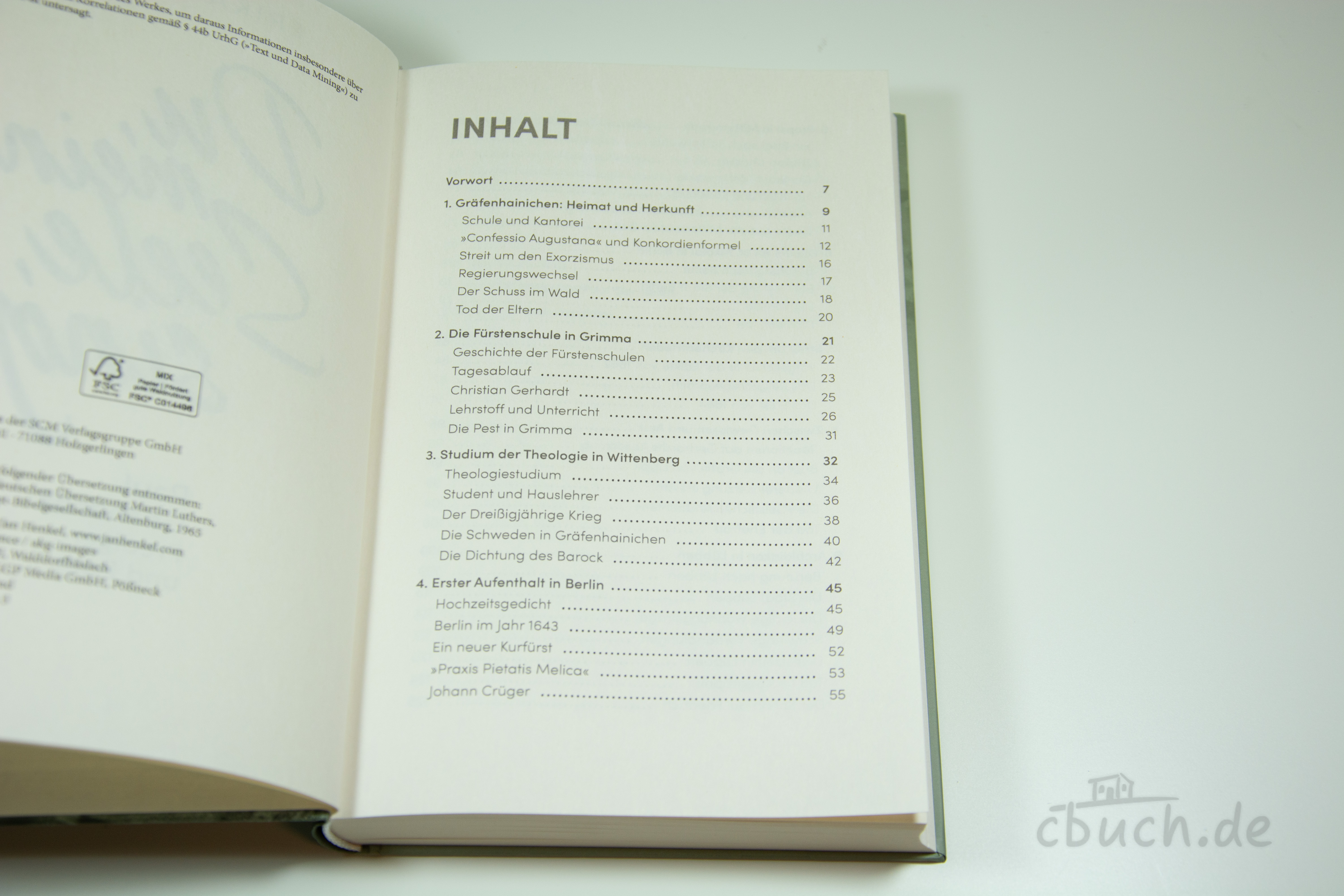 Aufgeschlagenes Buch „Du, meine Seele, singe“ von Erika Geiger mit sichtbarem Inhaltsverzeichnis, Biografie über Paul Gerhardt, Prediger und Poet, erschienen bei SCM Hänssler
