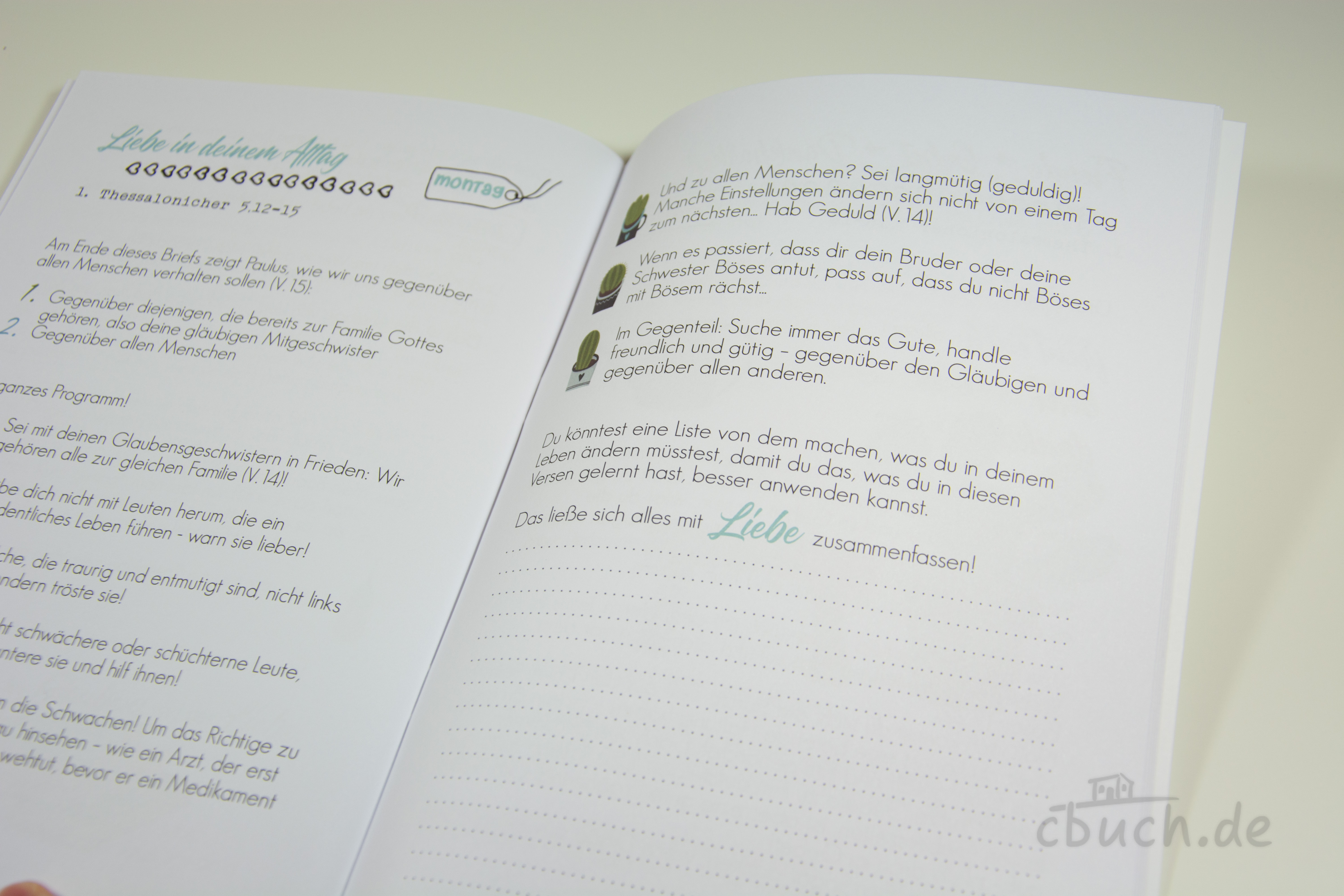 Aufgeschlagenes Kinderheft „Die Bibel entdecken - ein Brief an die Thessalonicher“ vom Daniel-Verlag mit Bibeltexten, Fragen und Schreibaufgaben zur gemeinsamen Bibellese für Kinder von 10 bis 15 Jahren.