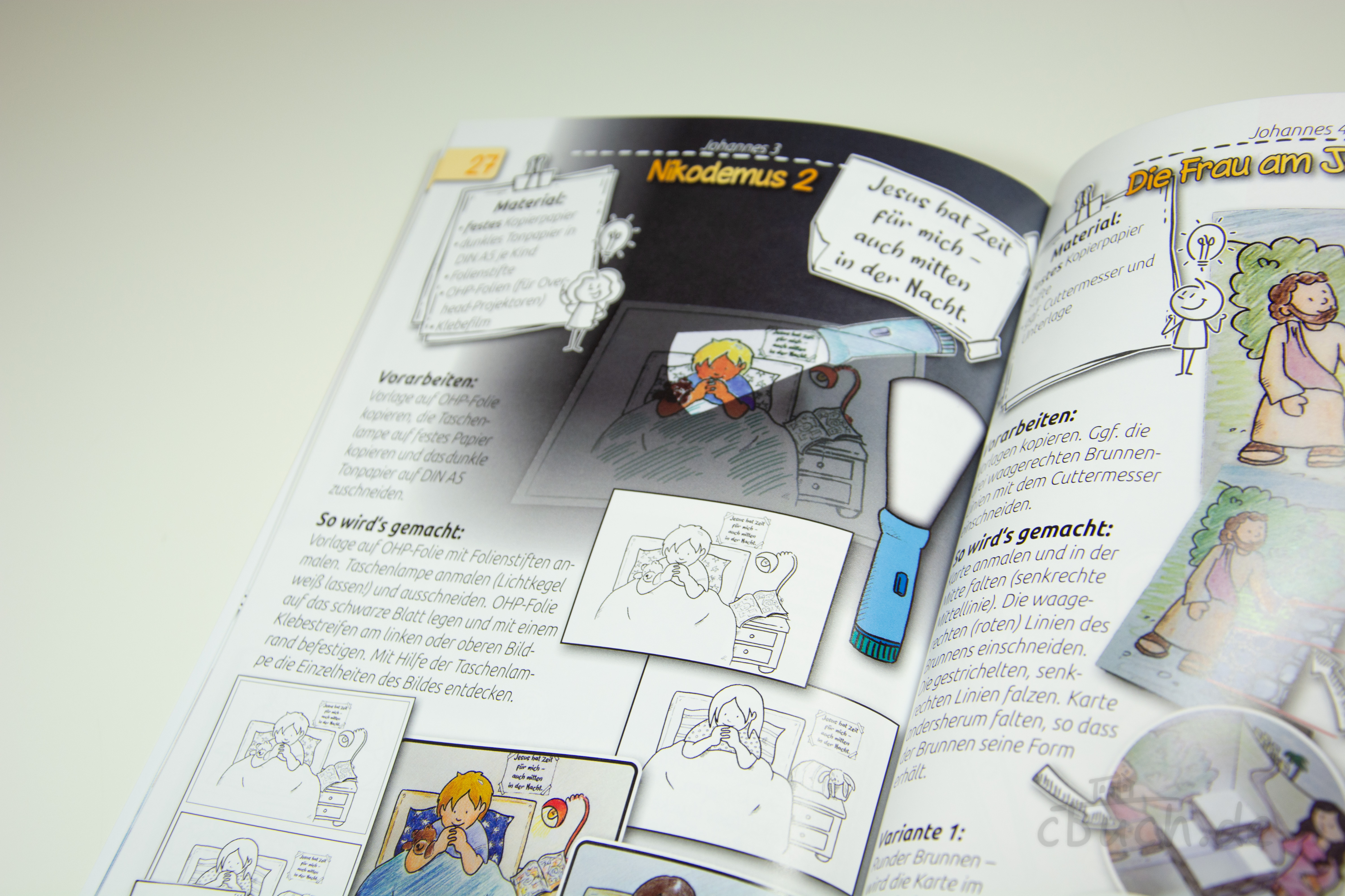Aufgeschlagenes Bastelheft „Basteln zu biblischen Geschichten - Teil 2“ von CV mit kreativen Vorlagen zu biblischen Geschichten aus Alten und Neuem Testament, passend zu „Mit Kindern die Bibel entdecken, Band 3“.