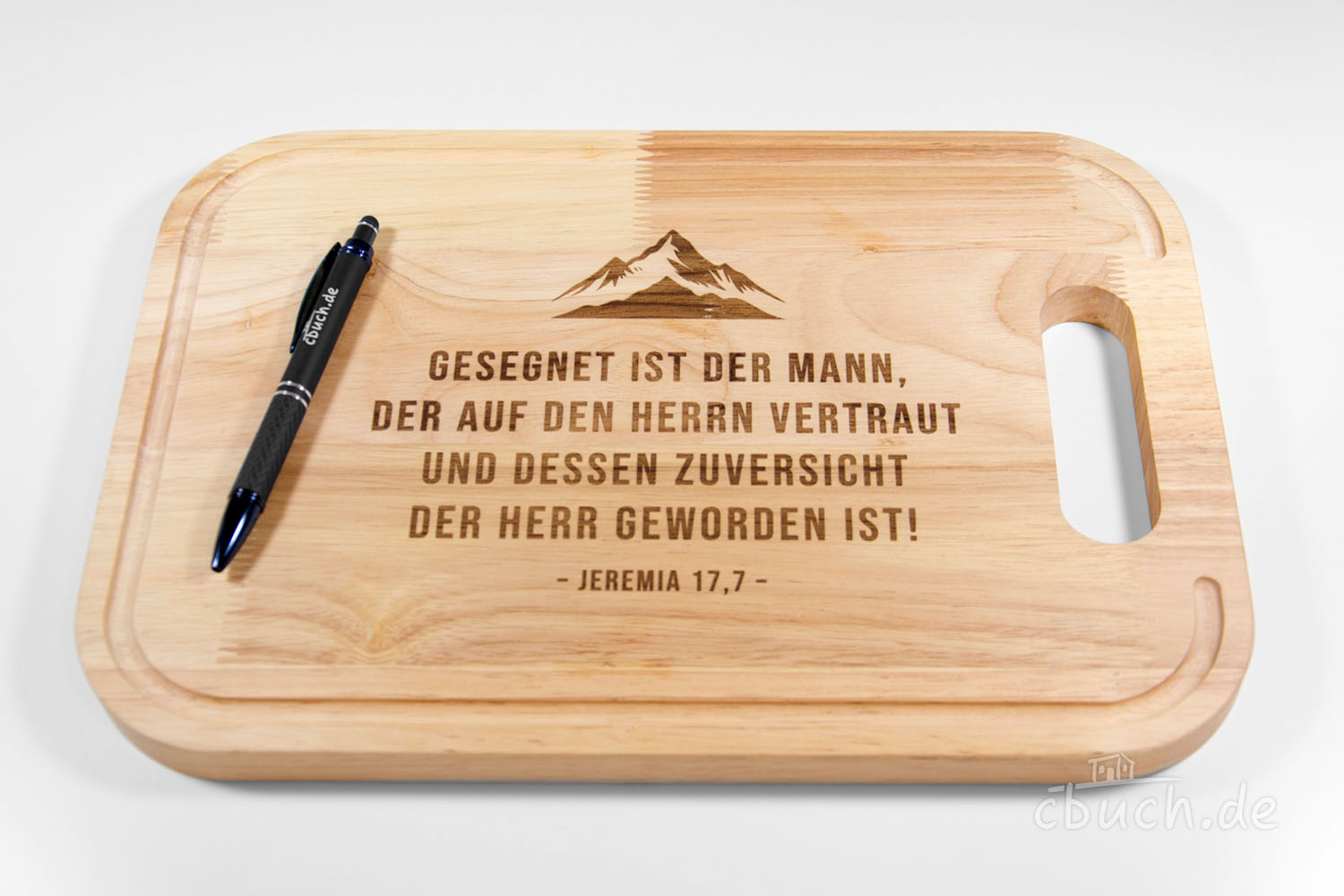 Holz Schneidebrett mit Bibelvers Jeremias 17,7 und Handgriff